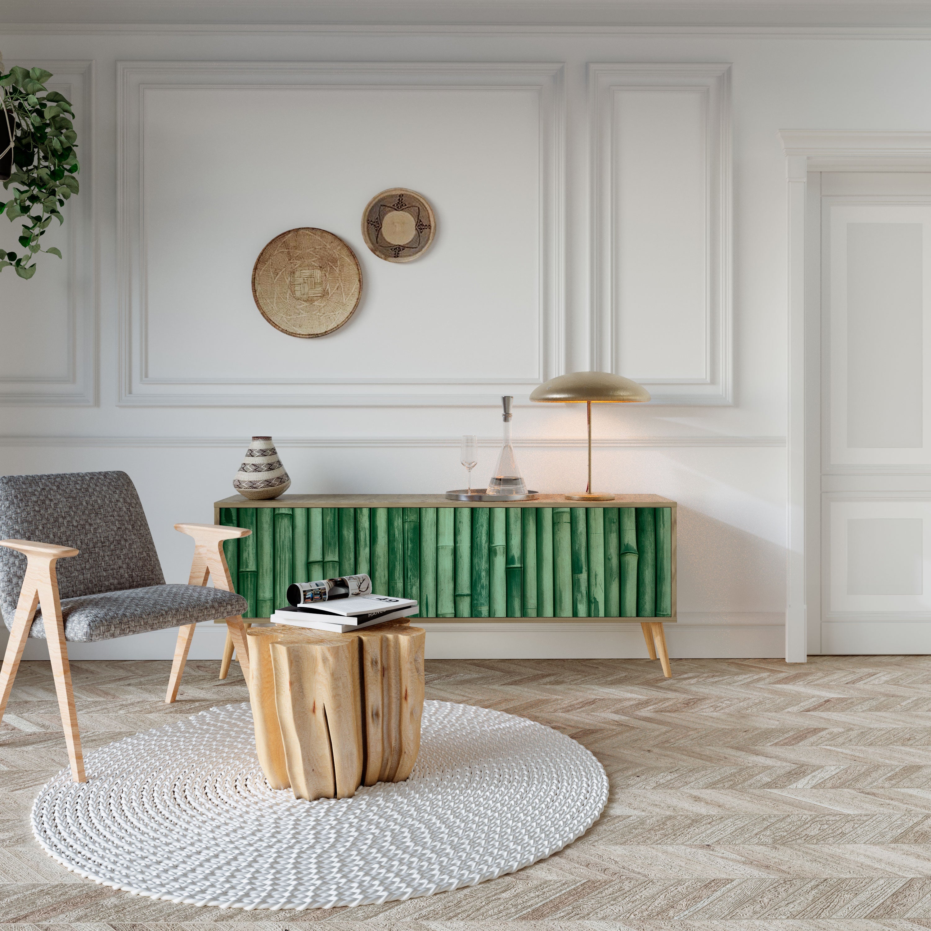 NATURAL GREEN 3-Door TV Stand in Oak Effect