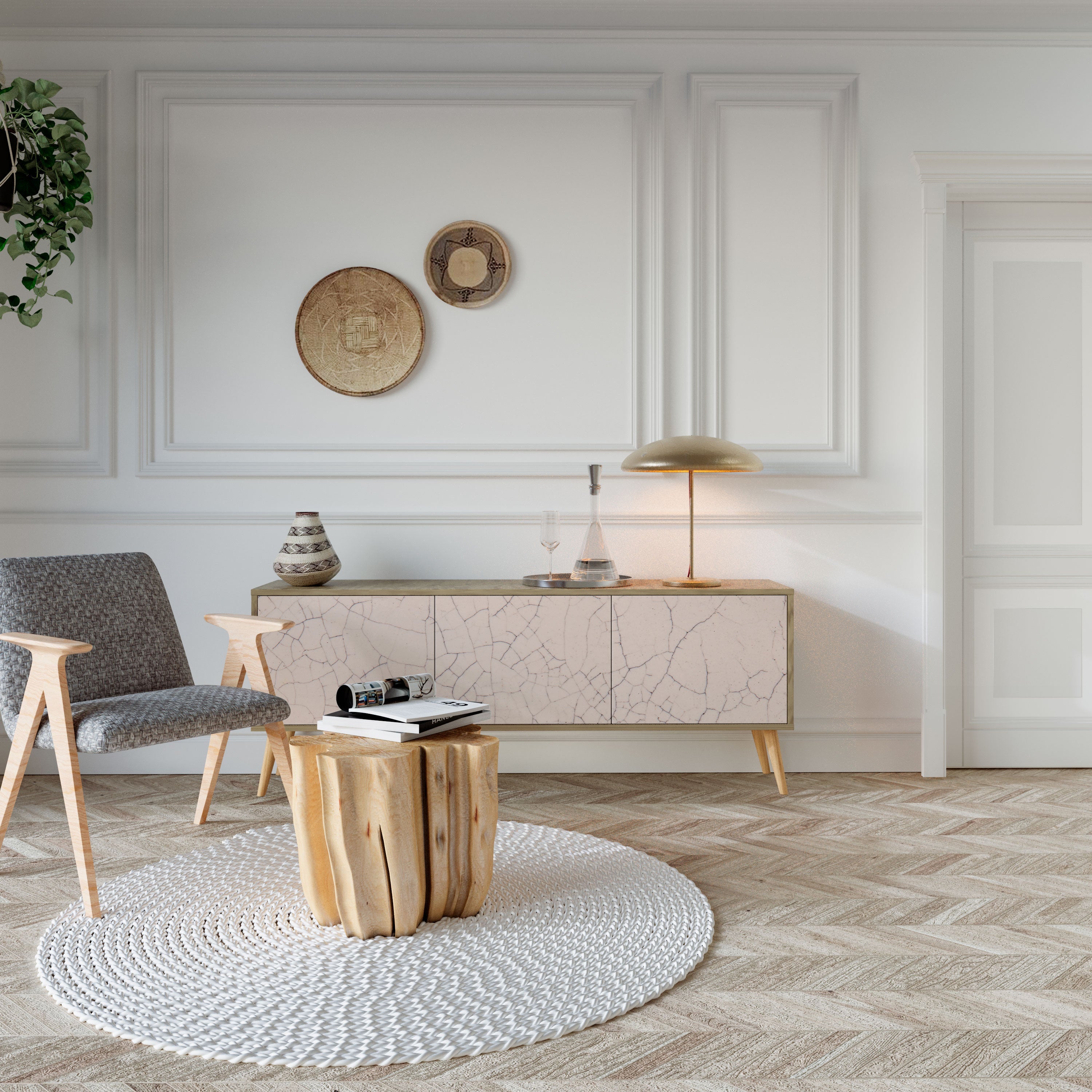 CERAMIC TEXTURE 3-Door TV Stand in Oak Effect