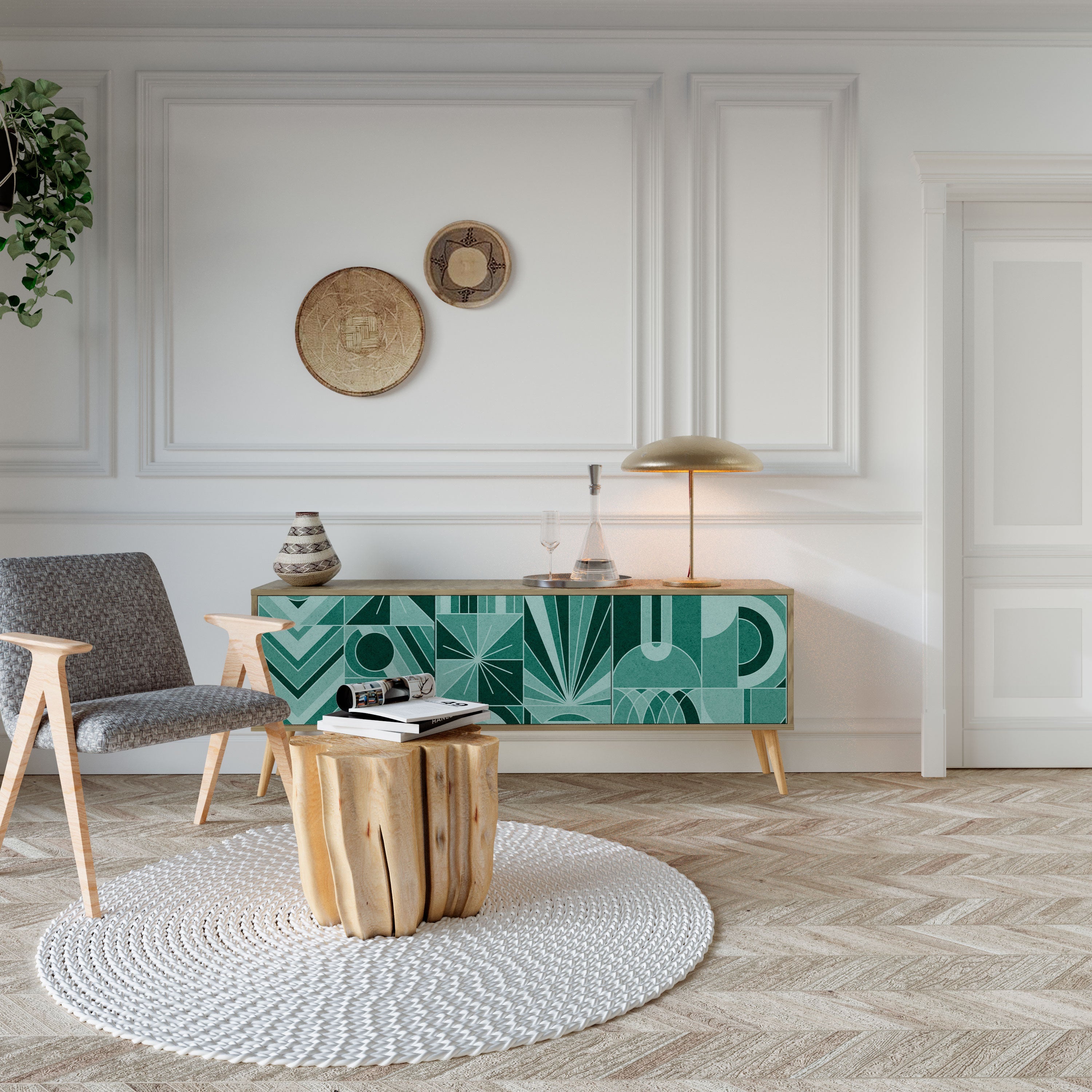 HARMONIC GRID 3-Door TV Stand in Oak Effect