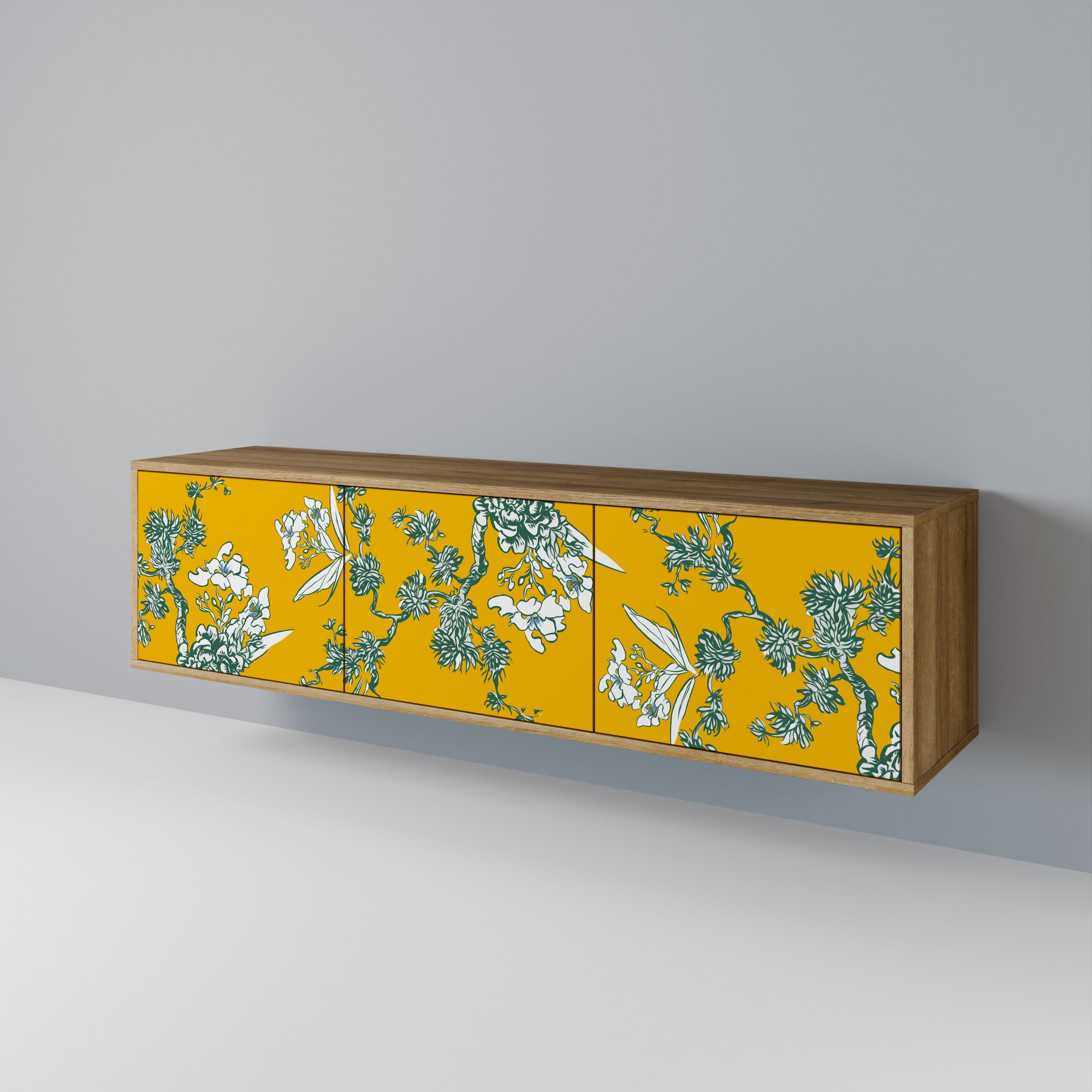 YELLOW CHINOISERIE 3-Door TV Stand in Oak Effect