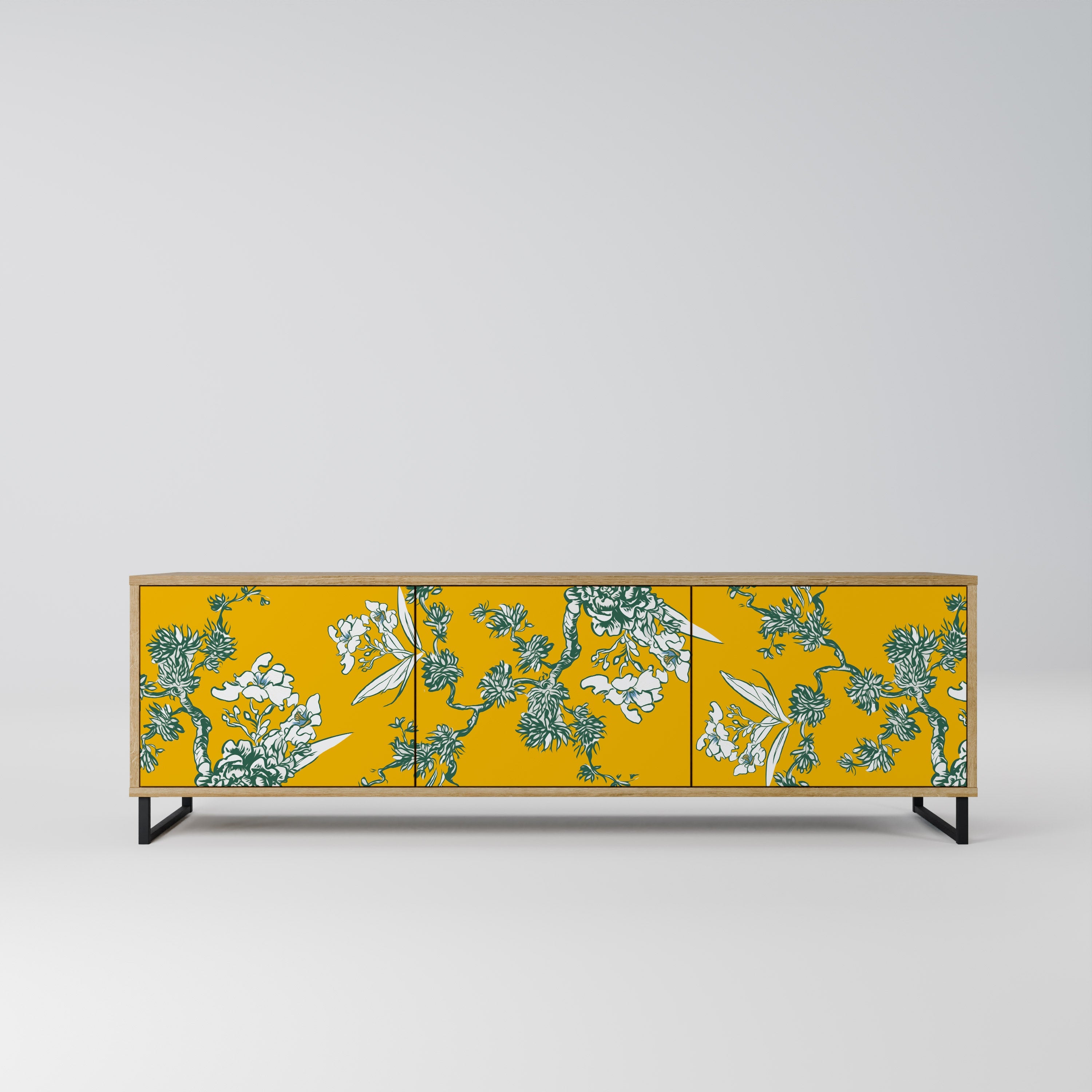 YELLOW CHINOISERIE 3-Door TV Stand in Oak Effect