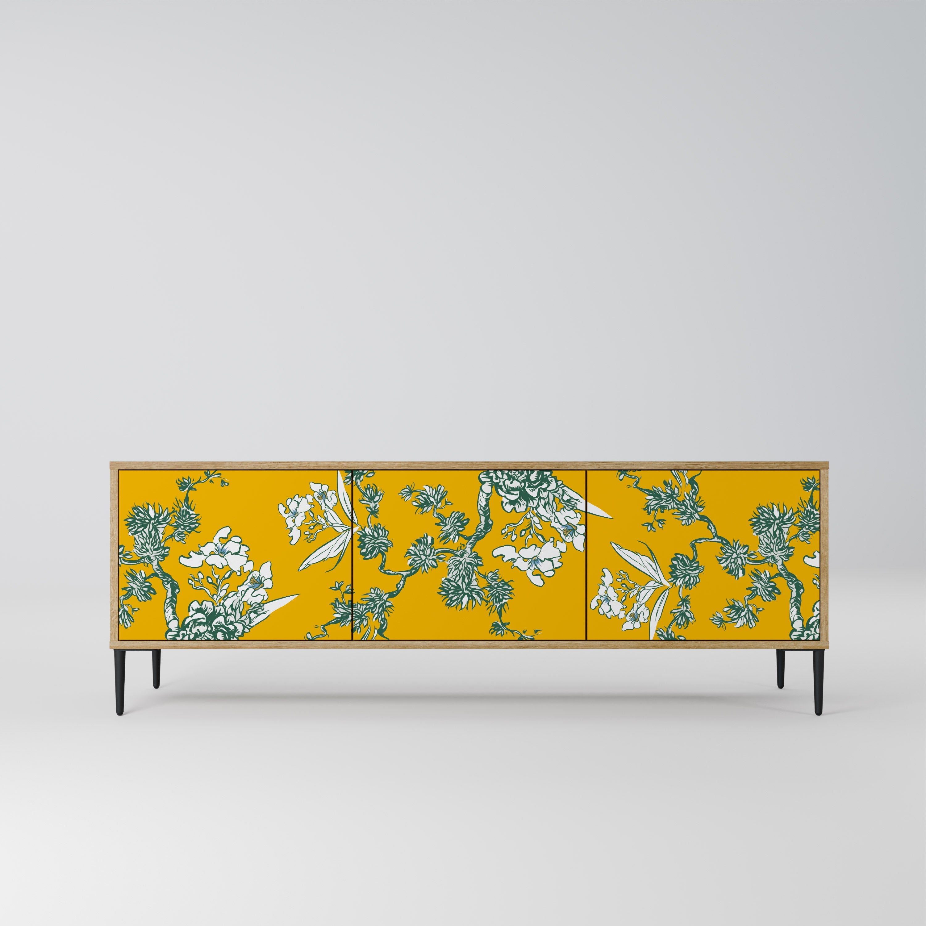 YELLOW CHINOISERIE 3-Door TV Stand in Oak Effect