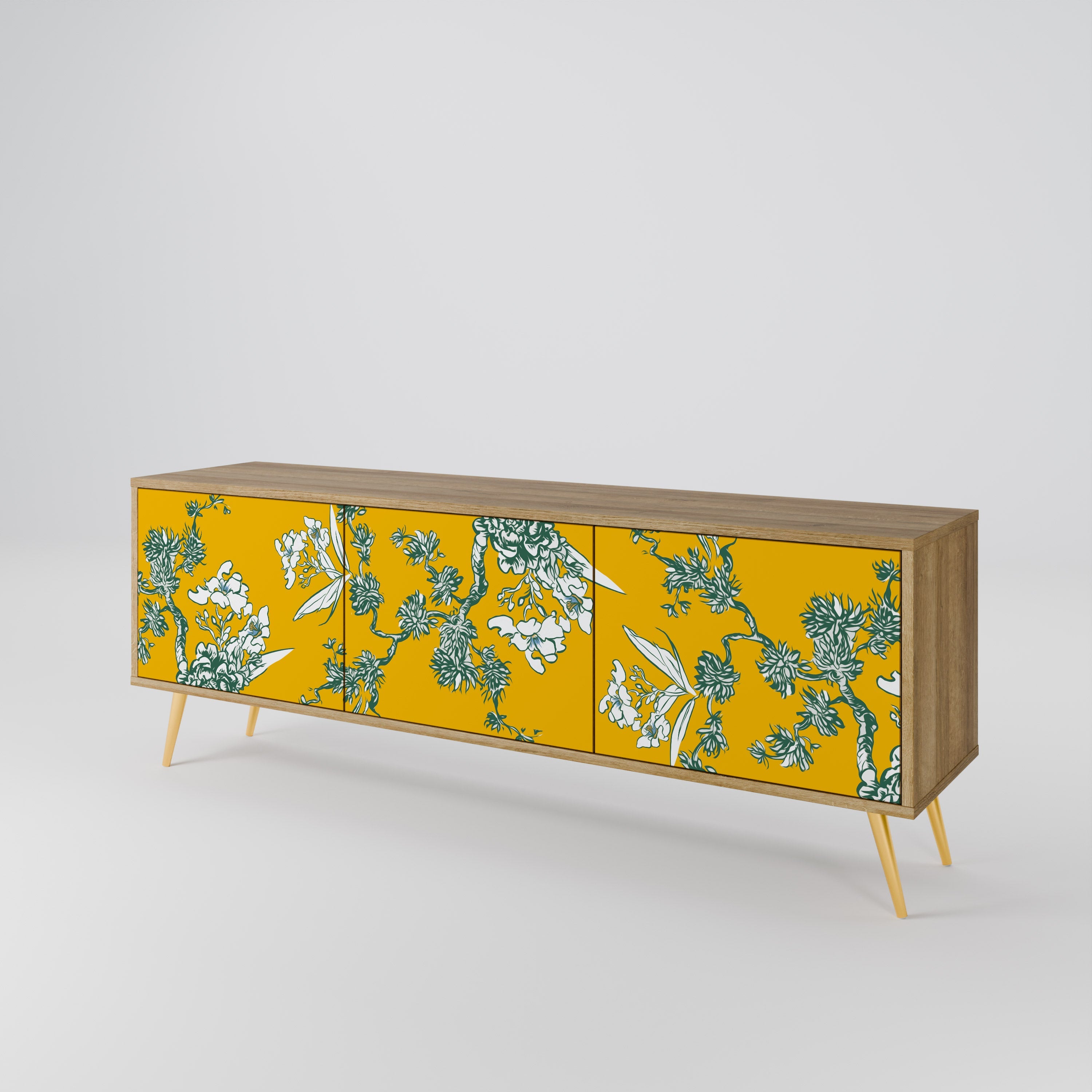 YELLOW CHINOISERIE 3-Door TV Stand in Oak Effect