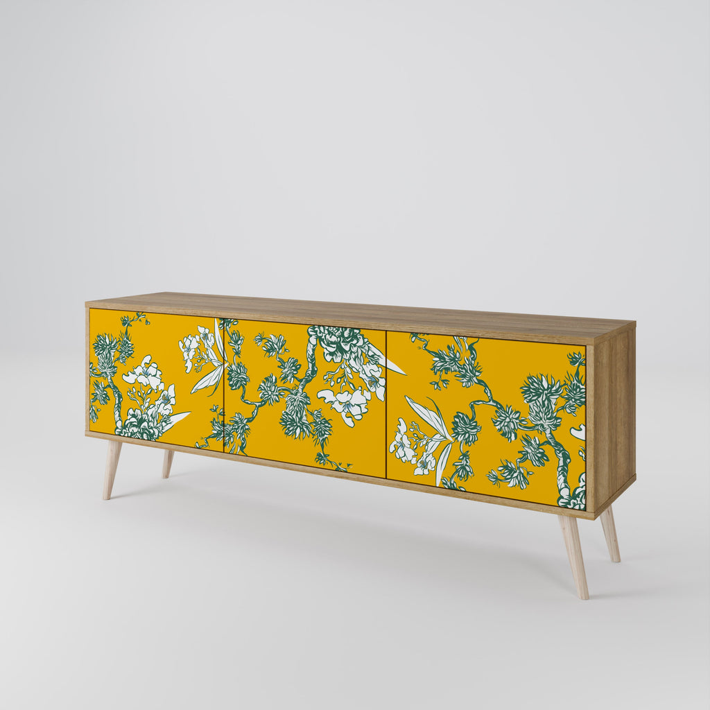 YELLOW CHINOISERIE 3-Door TV Stand in Oak Effect