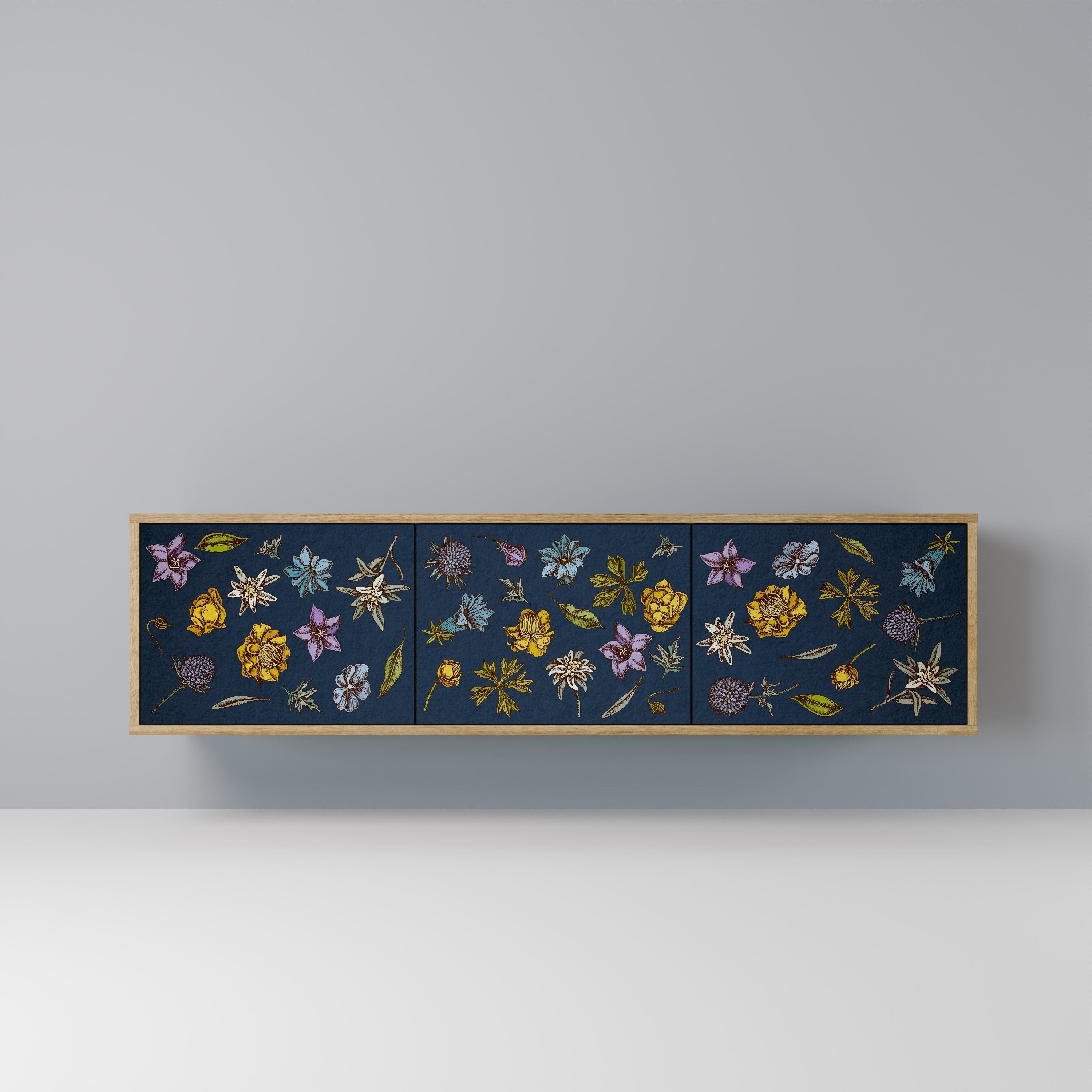 FLOWERS ON NAVY BLUE Móvel de TV com 3 Portas em Efeito Carvalho