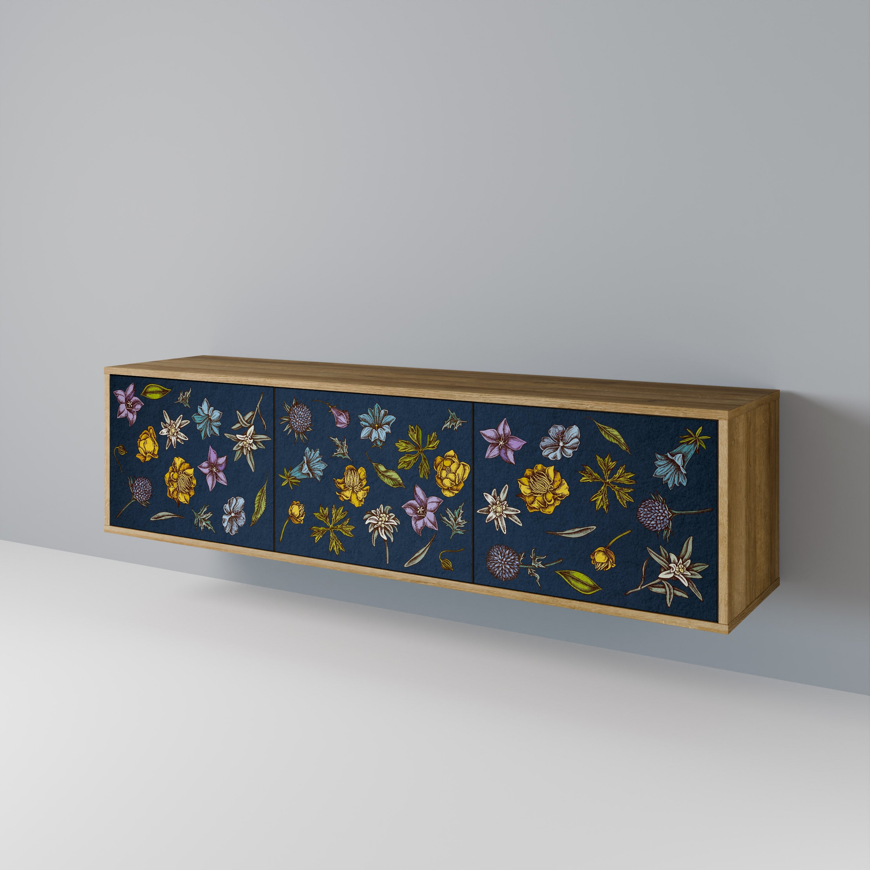 FLOWERS ON NAVY BLUE Móvel de TV com 3 Portas em Efeito Carvalho