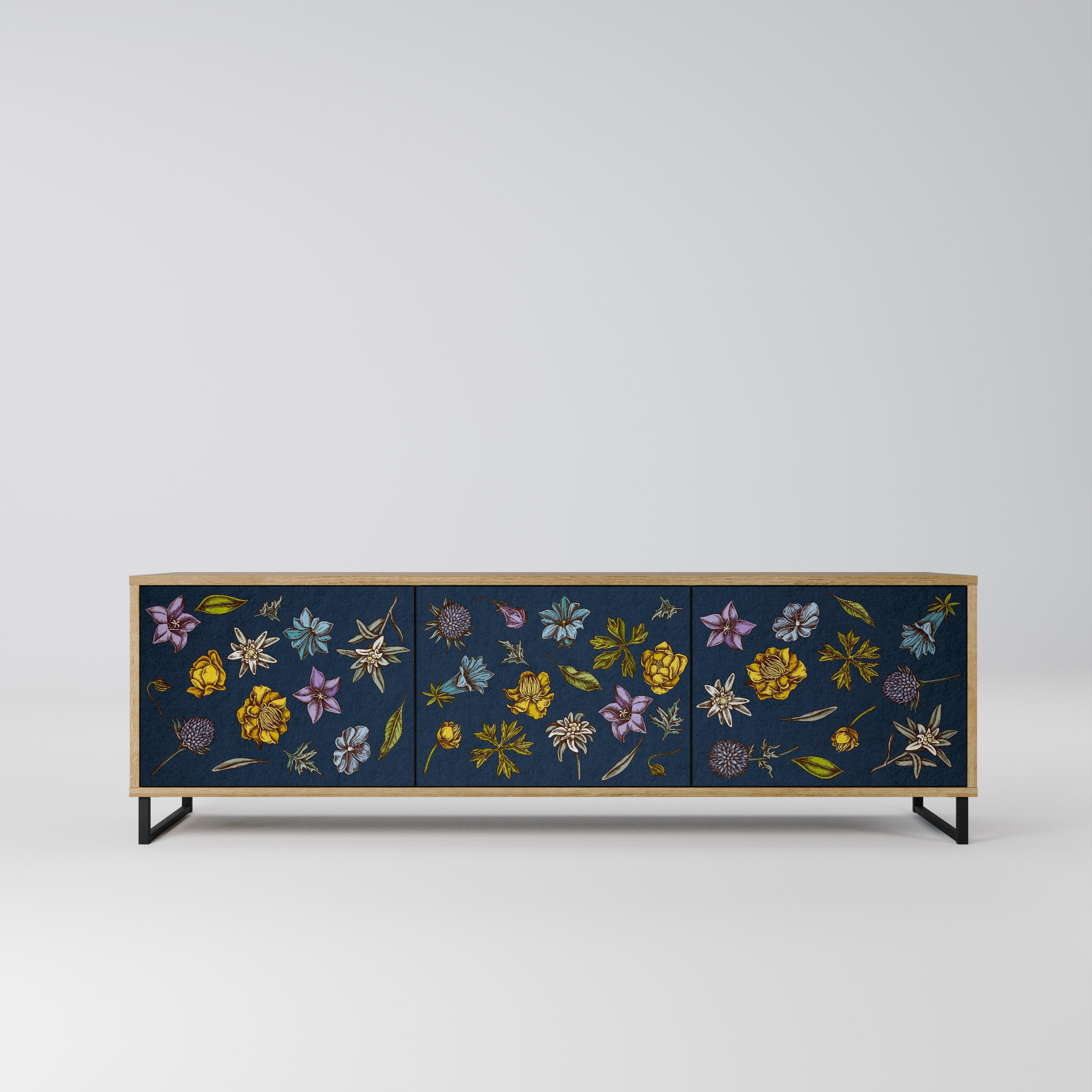 FLOWERS ON NAVY BLUE Móvel de TV com 3 Portas em Efeito Carvalho