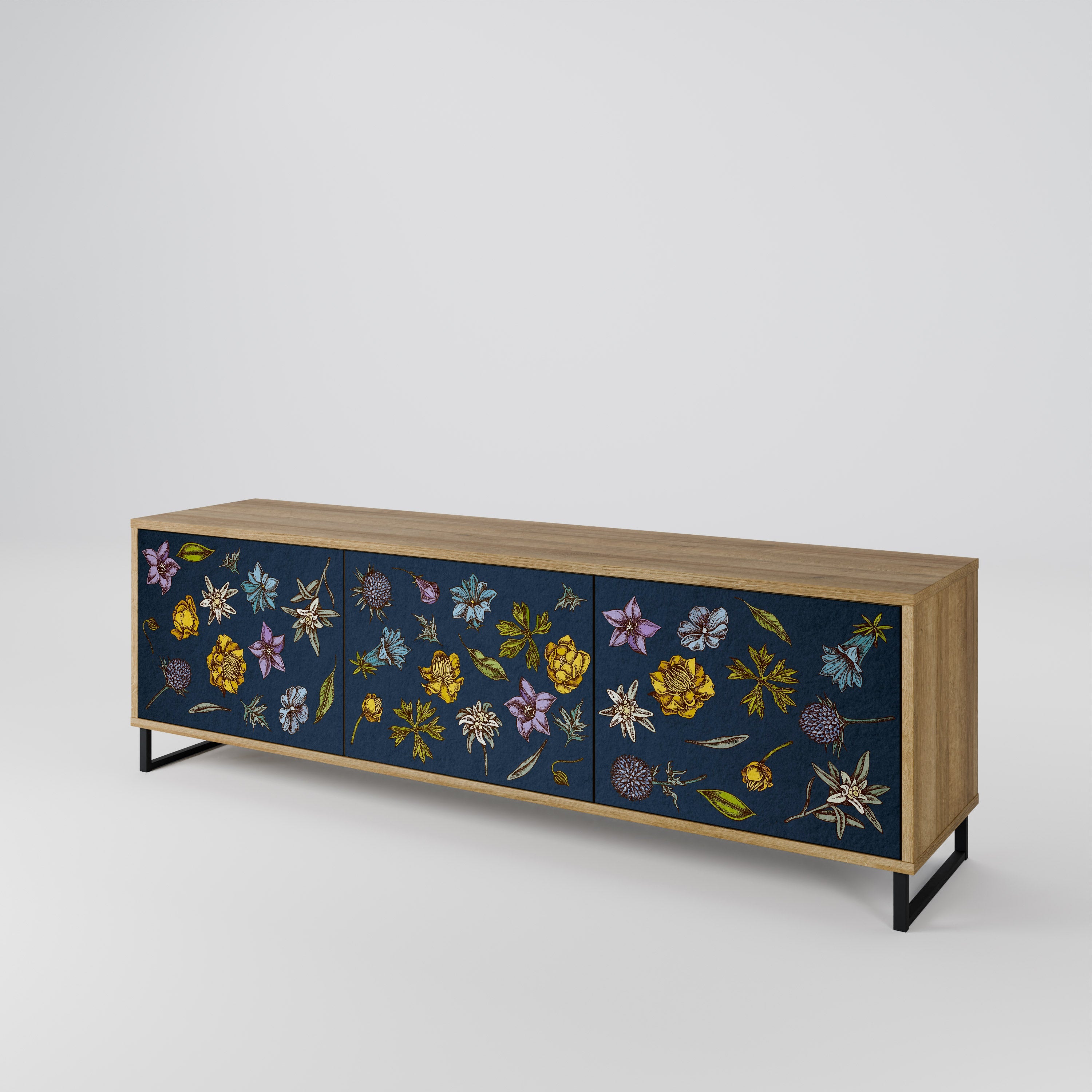 FLOWERS ON NAVY BLUE Móvel de TV com 3 Portas em Efeito Carvalho