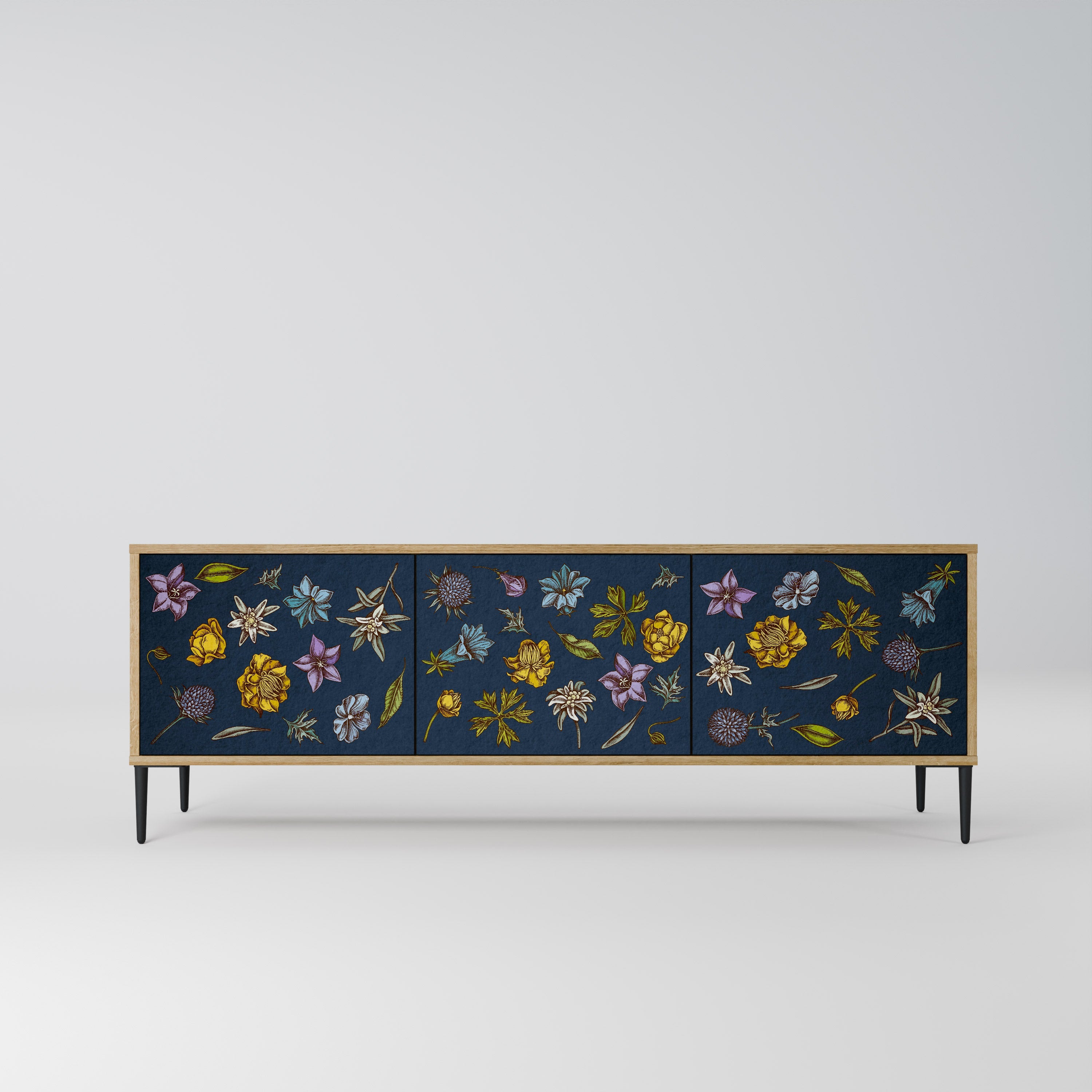 FLOWERS ON NAVY BLUE Móvel de TV com 3 Portas em Efeito Carvalho