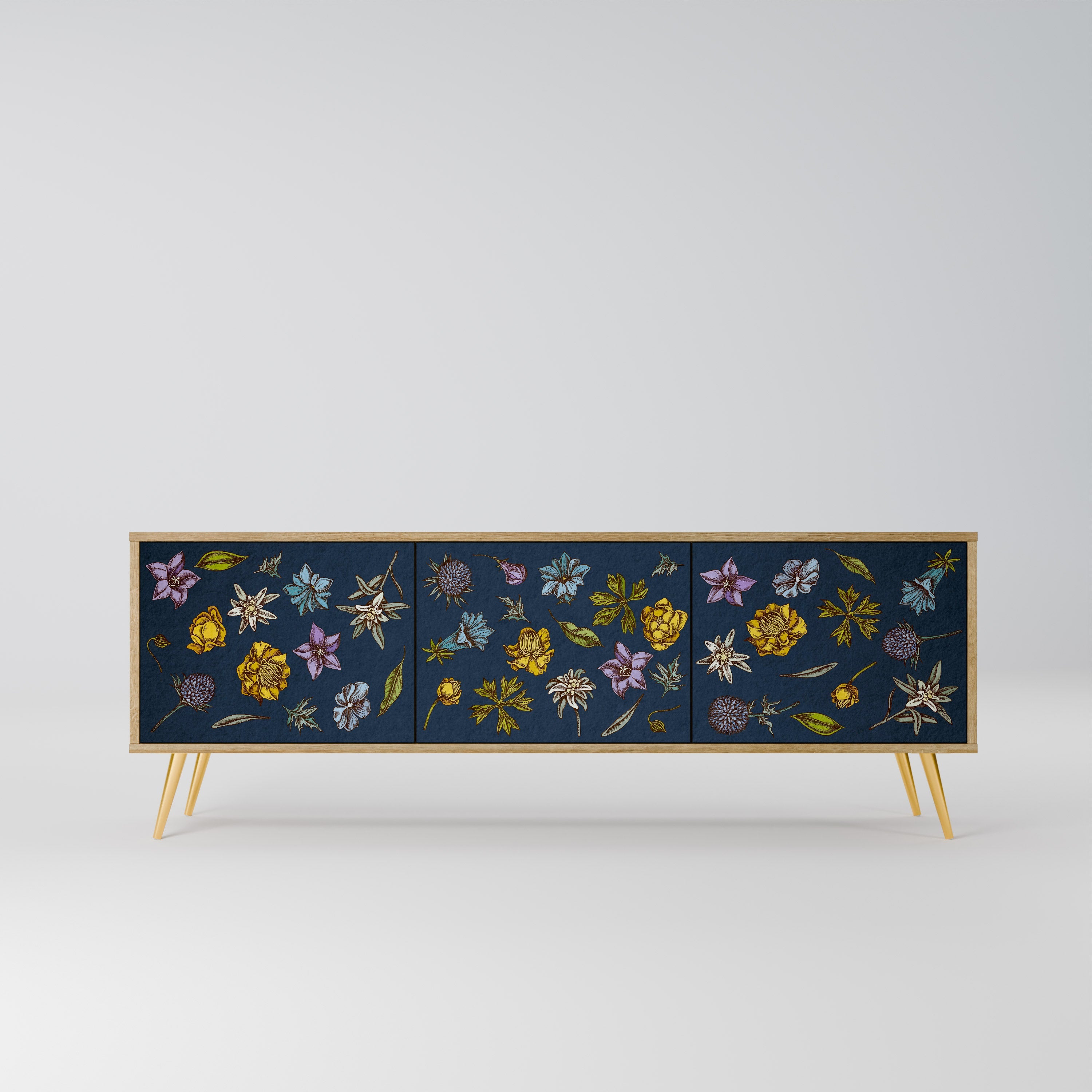 FLOWERS ON NAVY BLUE Móvel de TV com 3 Portas em Efeito Carvalho