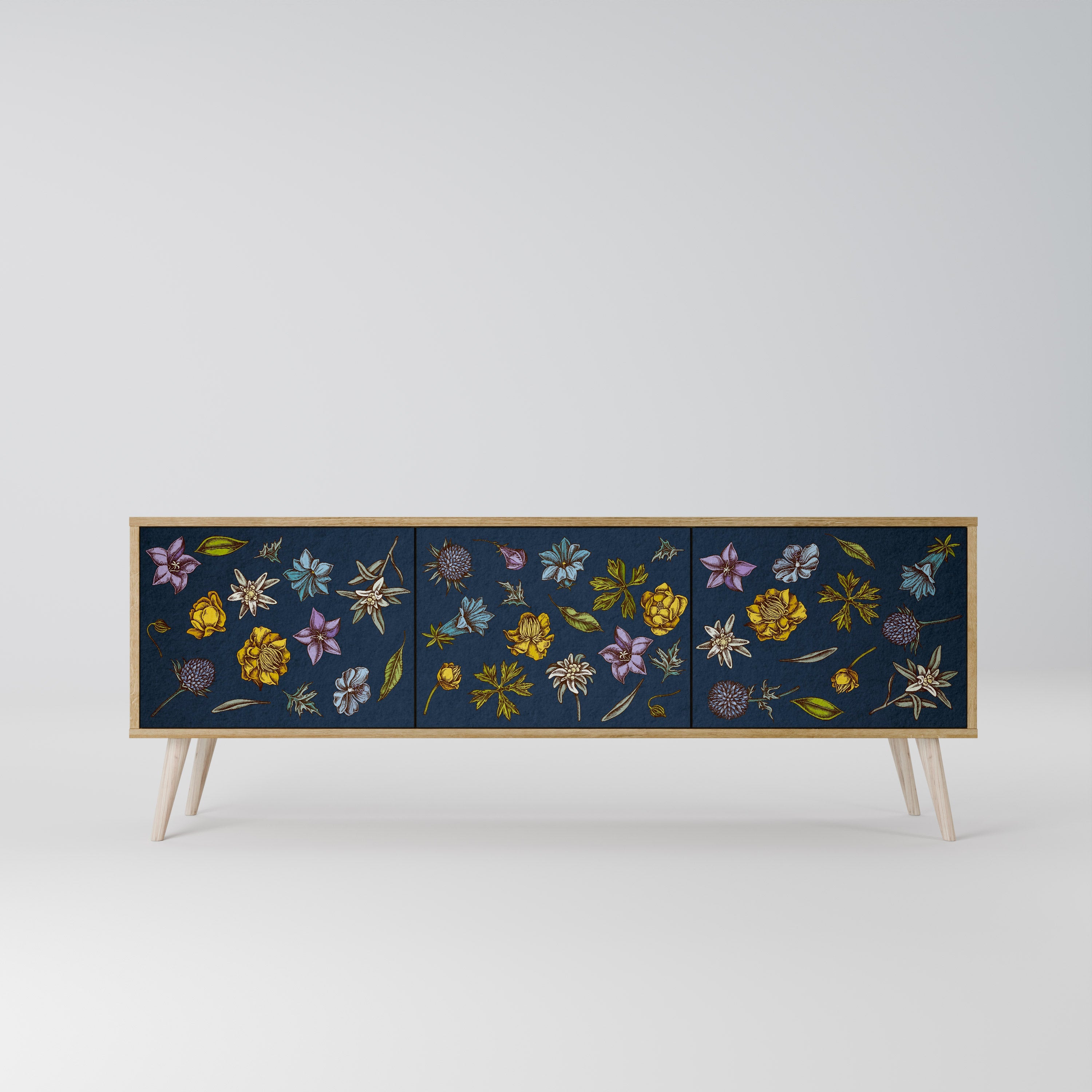 FLOWERS ON NAVY BLUE Móvel de TV com 3 Portas em Efeito Carvalho