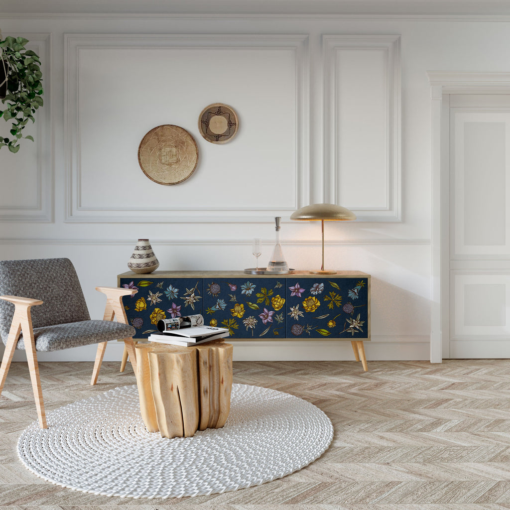 FLOWERS ON NAVY BLUE Móvel de TV com 3 Portas em Efeito Carvalho