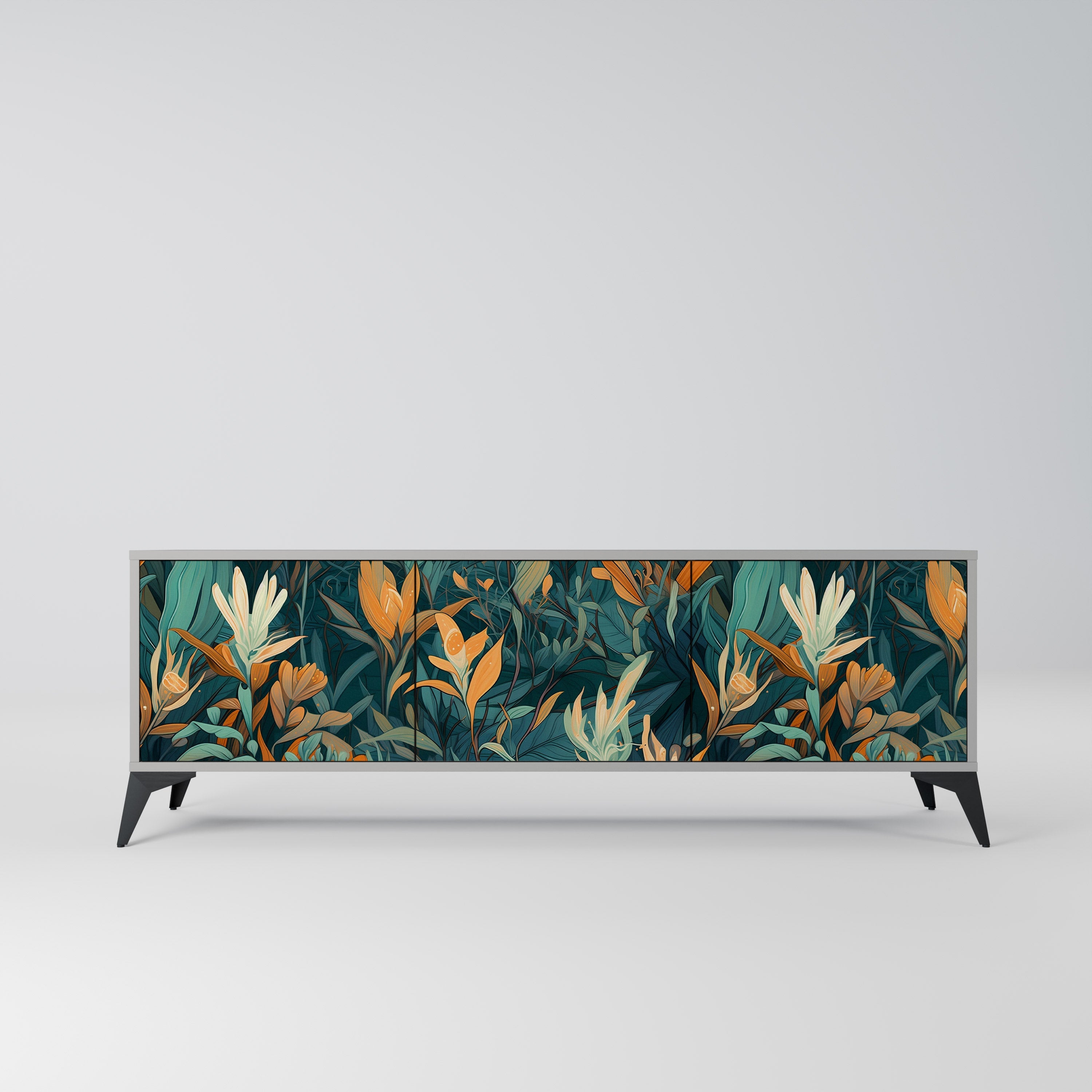 FLORAL SERENITY Móvel de TV com 3 Portas em Acabamento Cinzento