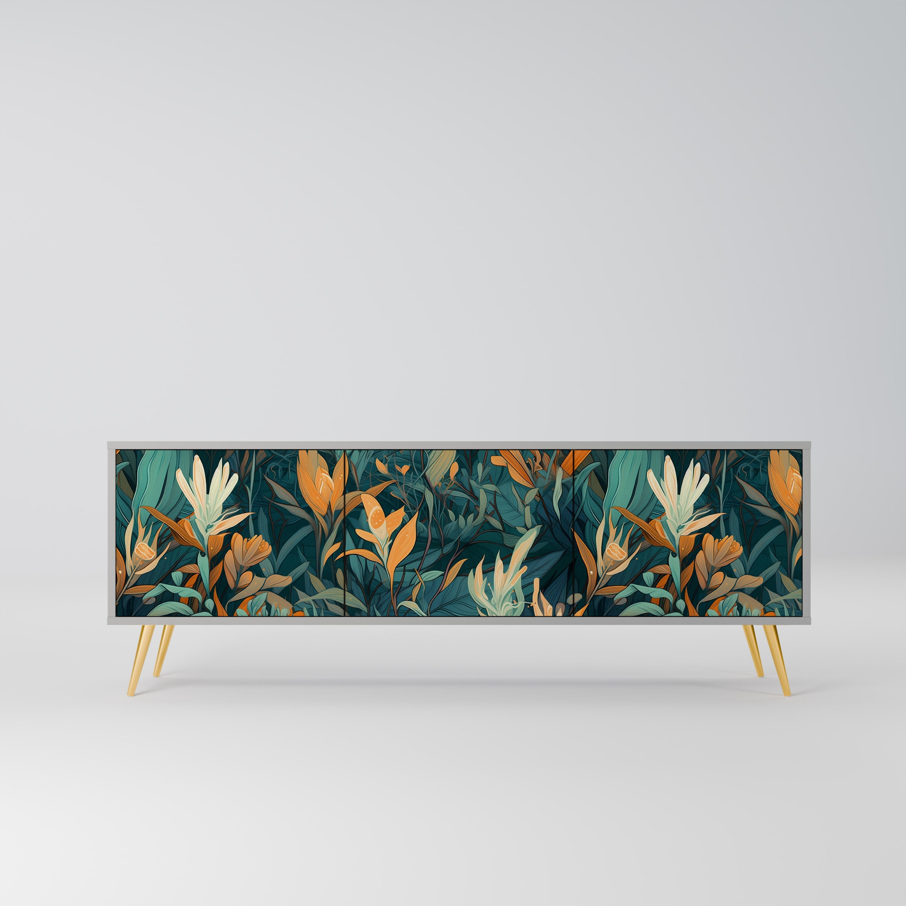 FLORAL SERENITY Móvel de TV com 3 Portas em Acabamento Cinzento