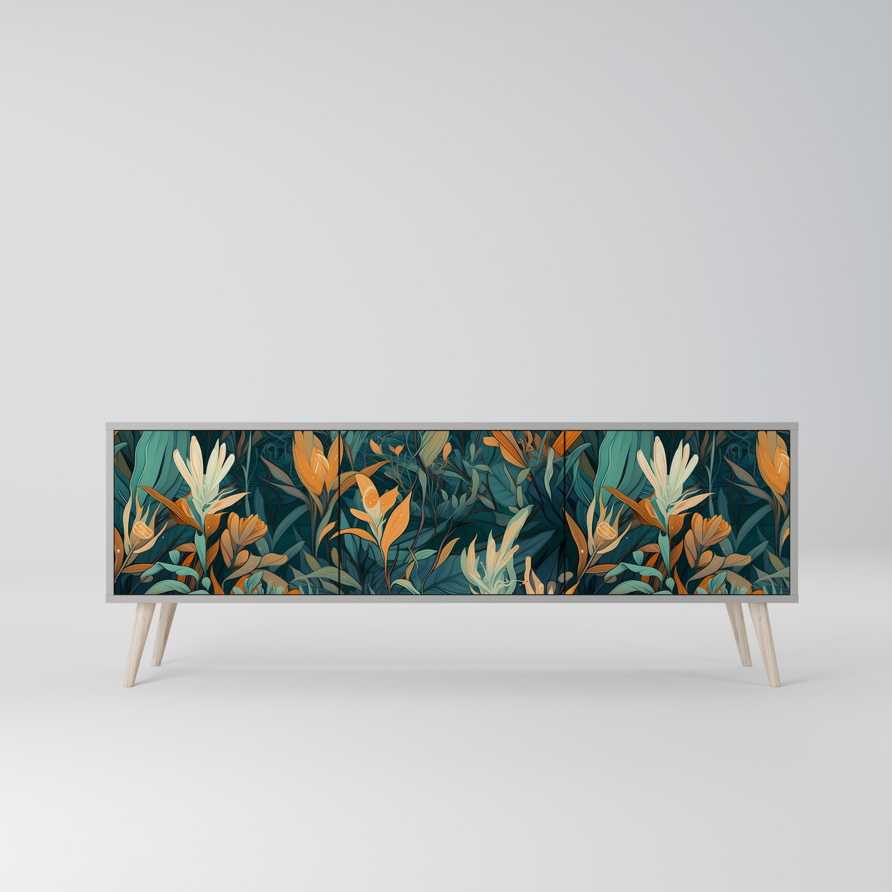 FLORAL SERENITY Móvel de TV com 3 Portas em Acabamento Cinzento