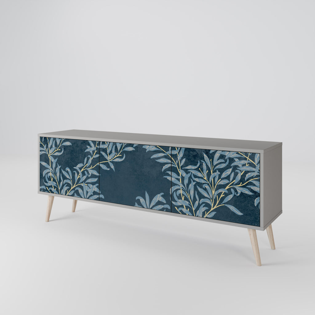 BLUE LEAVES 3-Door TV Stand in Grey Finish