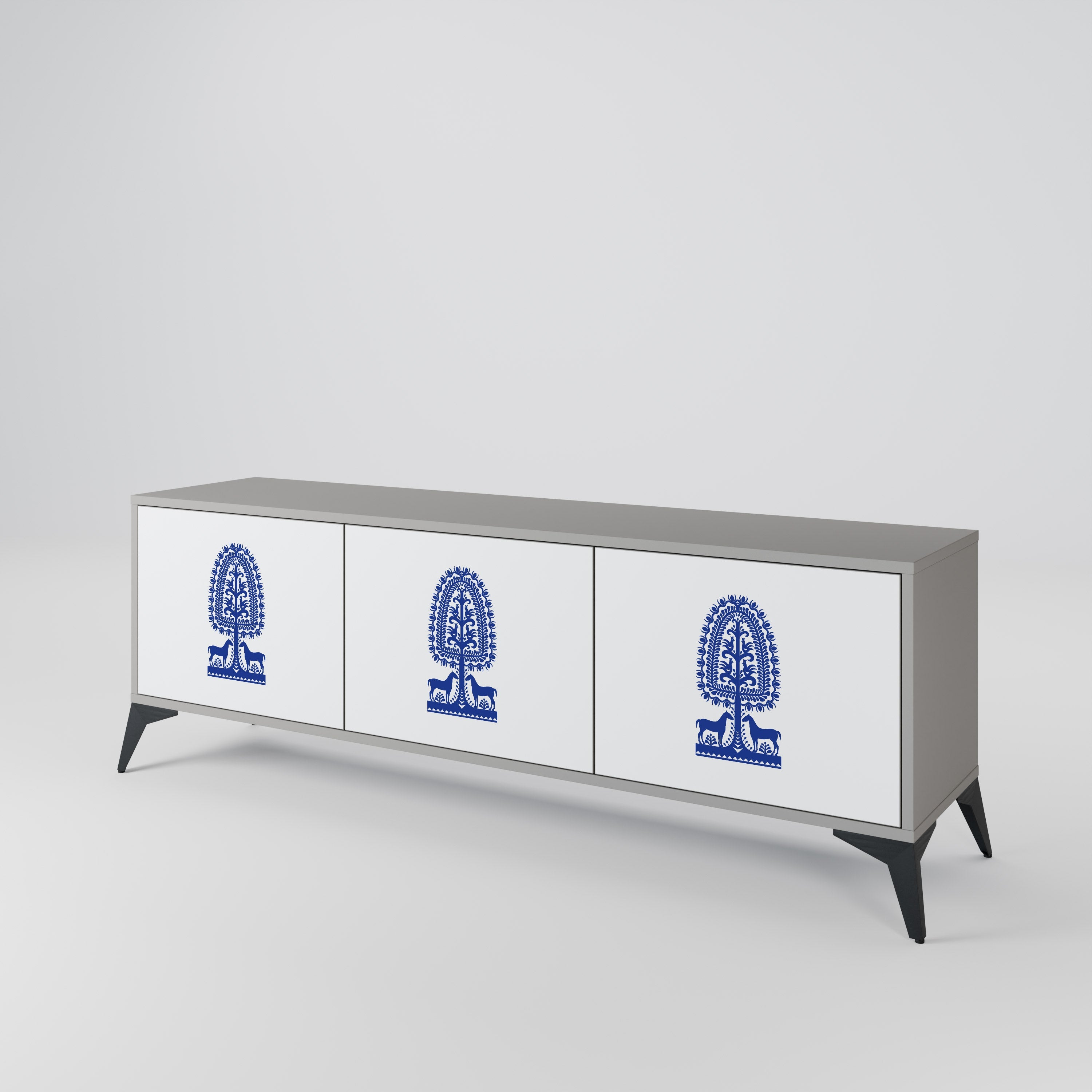 POLISH FOLK ART Móvel de TV com 3 Portas em Acabamento Cinzento