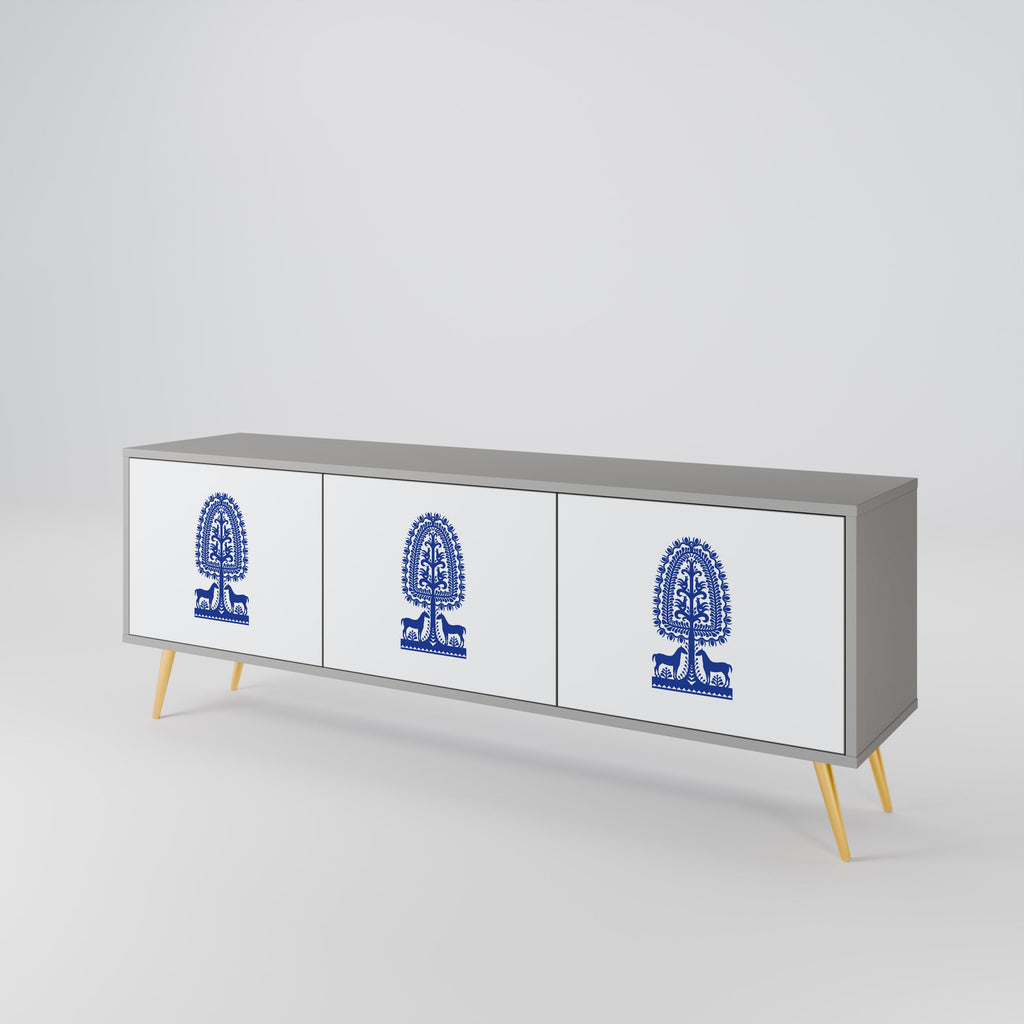 POLISH FOLK ART Móvel de TV com 3 Portas em Acabamento Cinzento