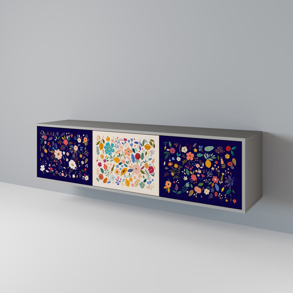 FLORAL COMBINATION Móvel de TV com 3 Portas em Acabamento Cinzento