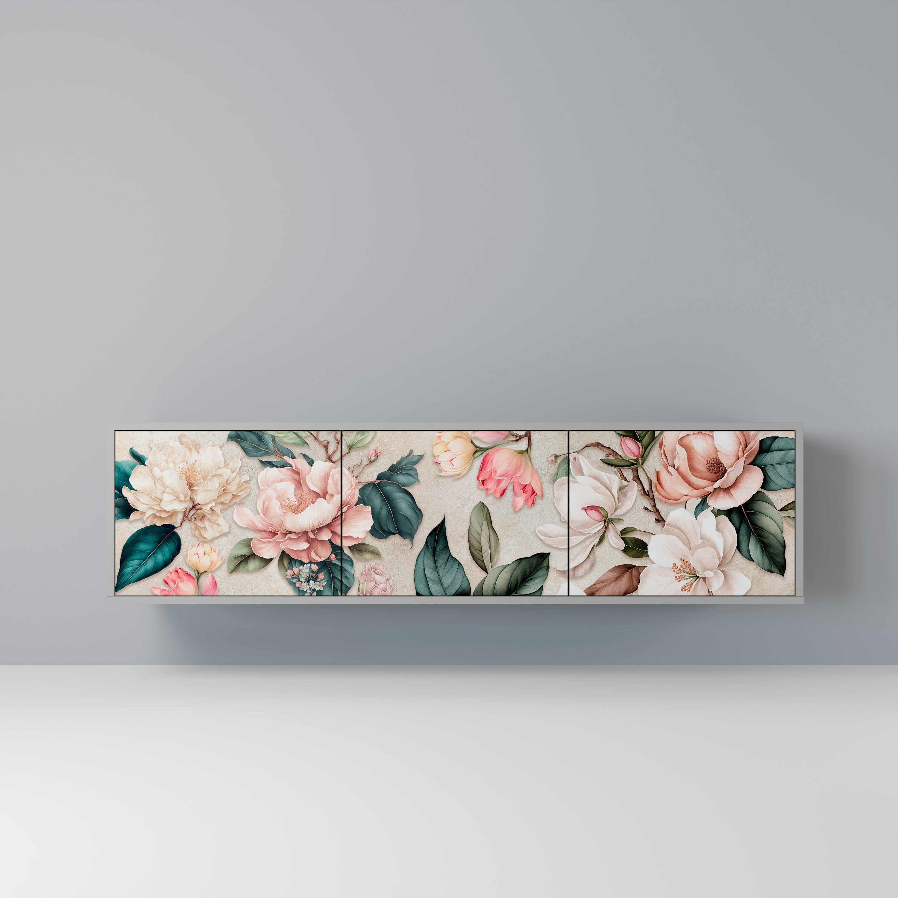 FLORAL GRACE Móvel de TV com 3 Portas em Acabamento Cinzento
