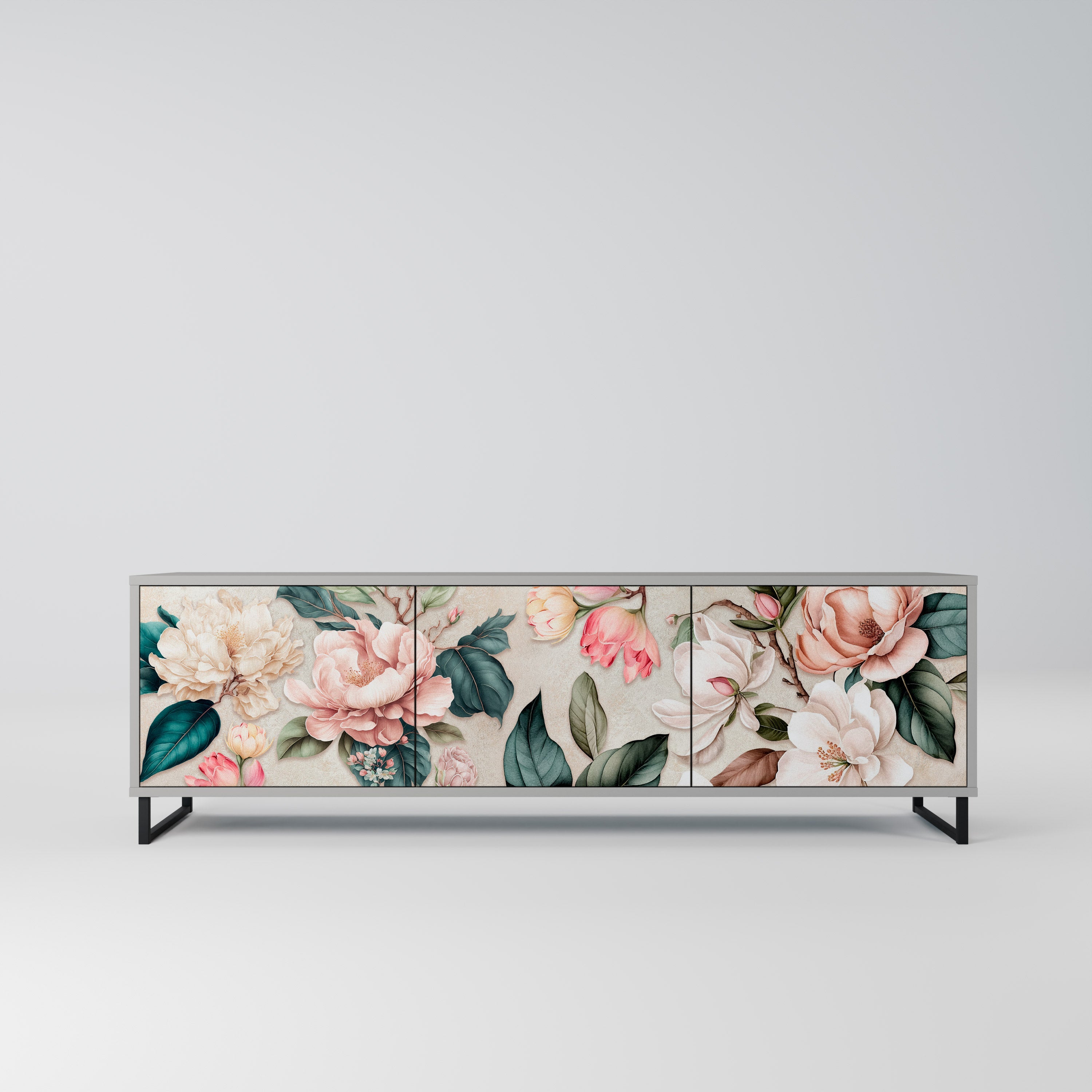 FLORAL GRACE Móvel de TV com 3 Portas em Acabamento Cinzento