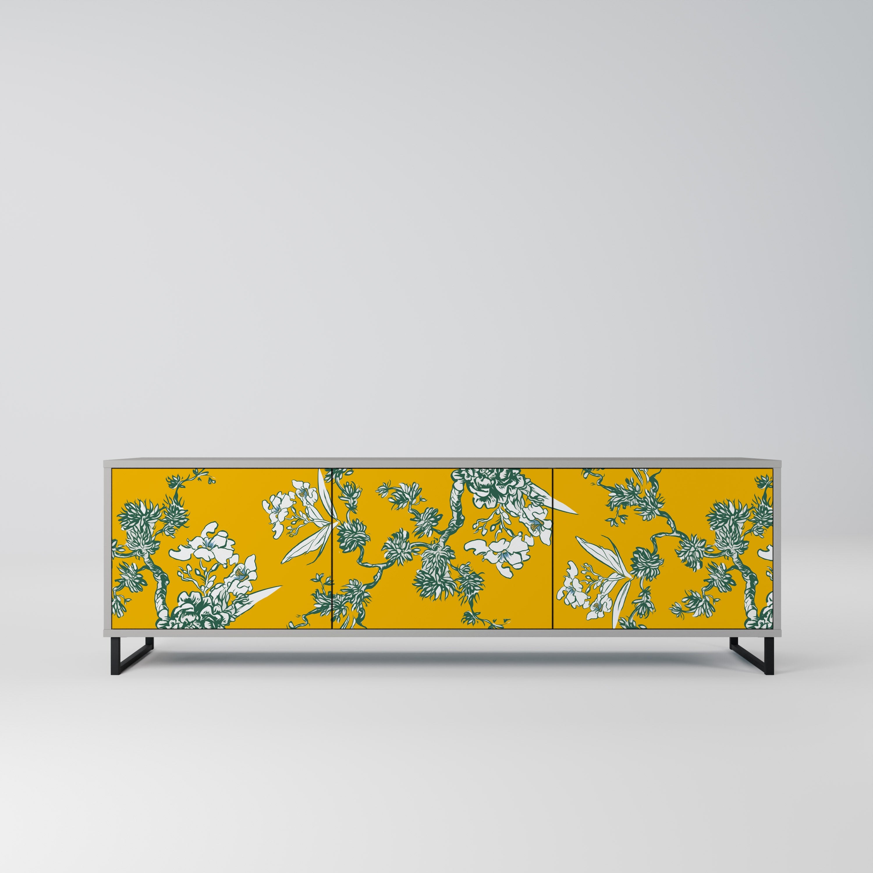 YELLOW CHINOISERIE 3-Door TV Stand in Grey Finish
