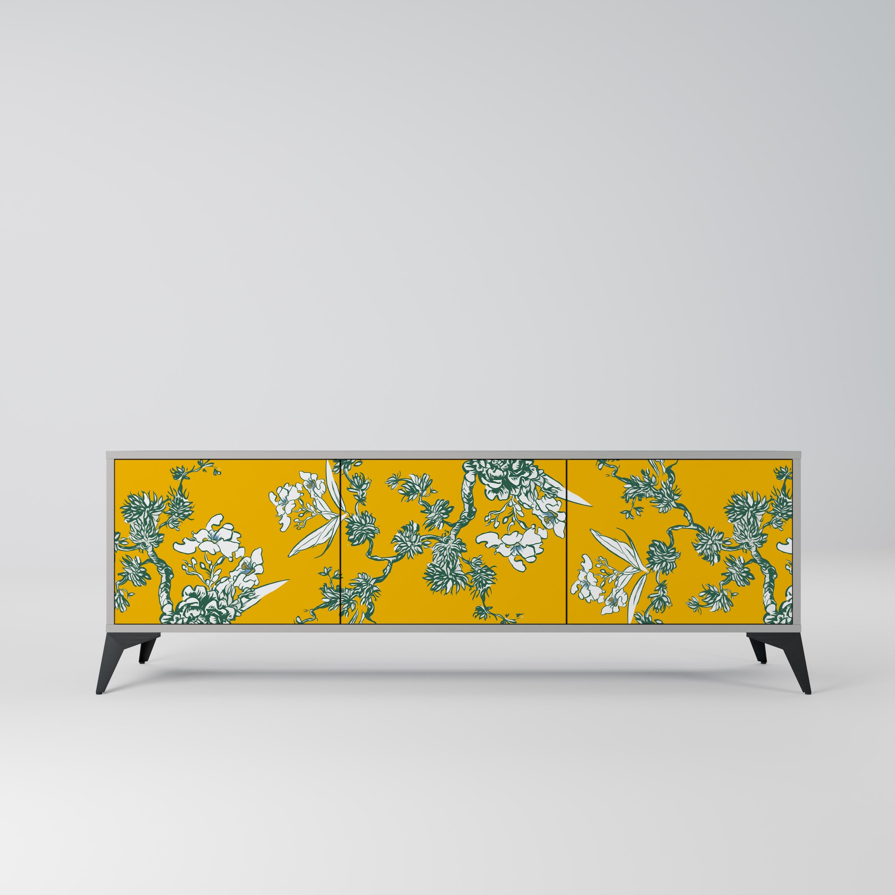 YELLOW CHINOISERIE 3-Door TV Stand in Grey Finish