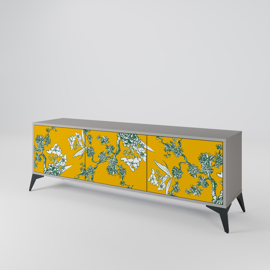 YELLOW CHINOISERIE 3-Door TV Stand in Grey Finish