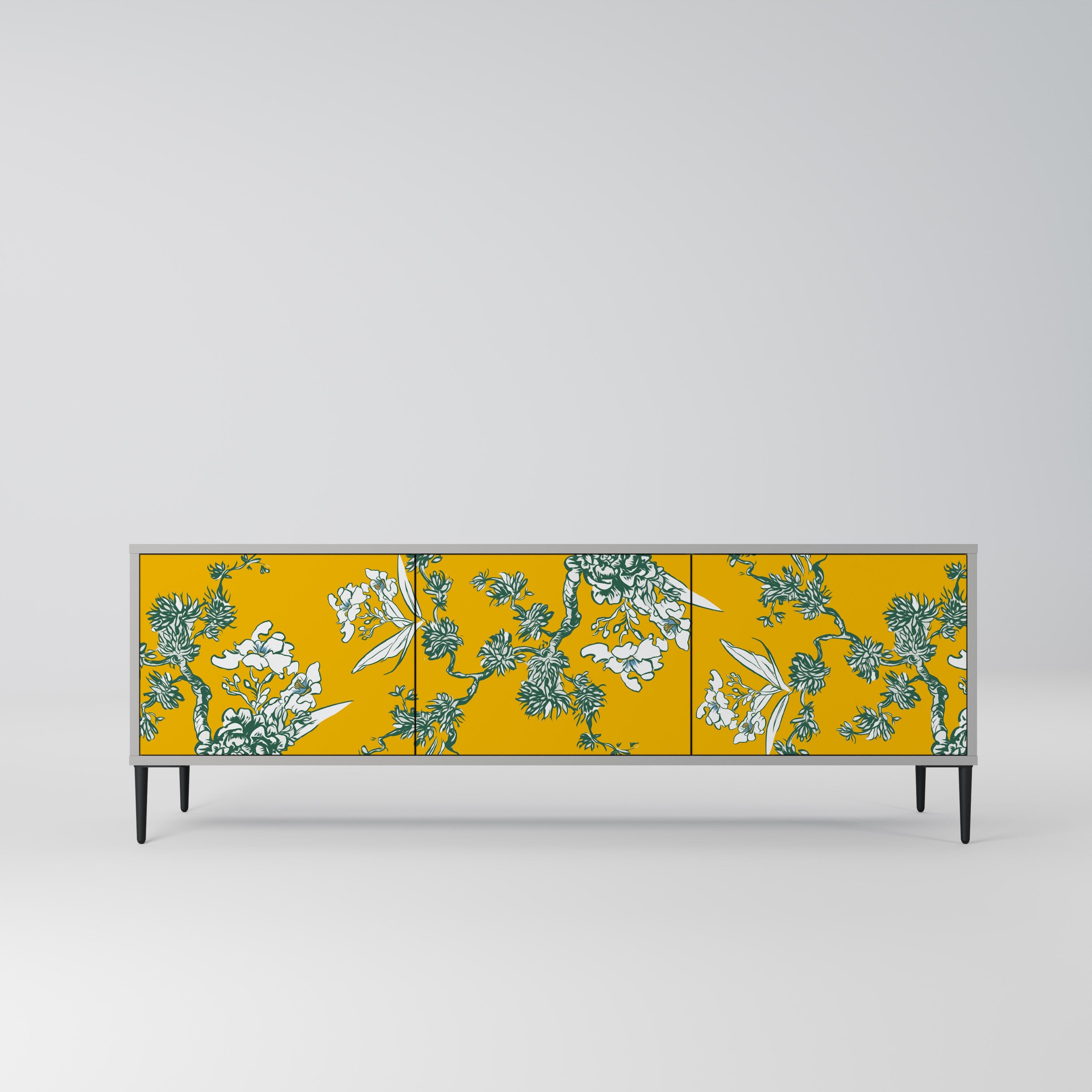 YELLOW CHINOISERIE 3-Door TV Stand in Grey Finish