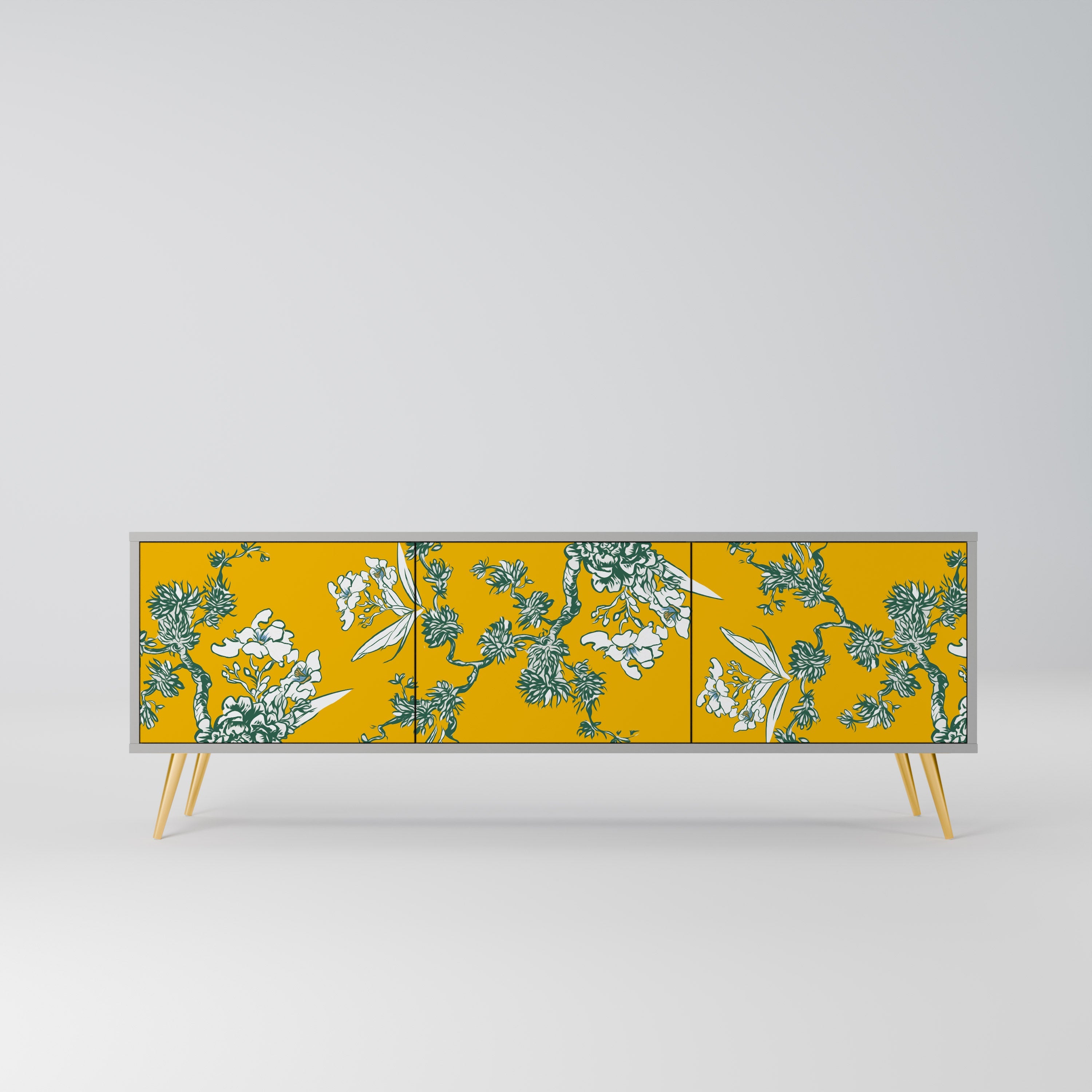 YELLOW CHINOISERIE 3-Door TV Stand in Grey Finish