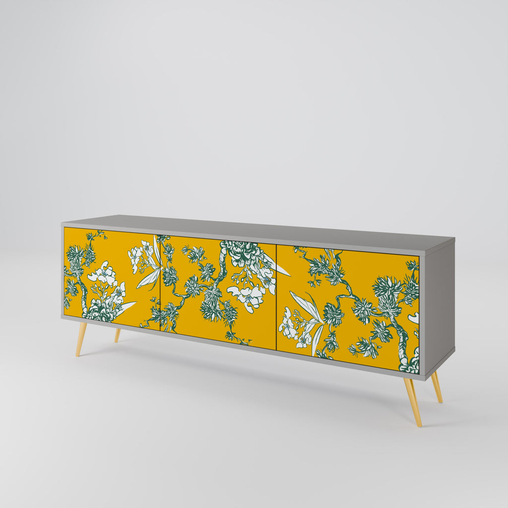 YELLOW CHINOISERIE 3-Door TV Stand in Grey Finish