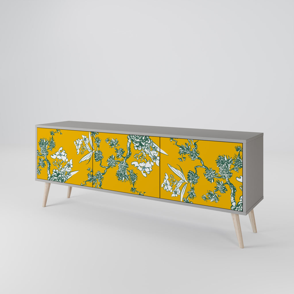 YELLOW CHINOISERIE 3-Door TV Stand in Grey Finish