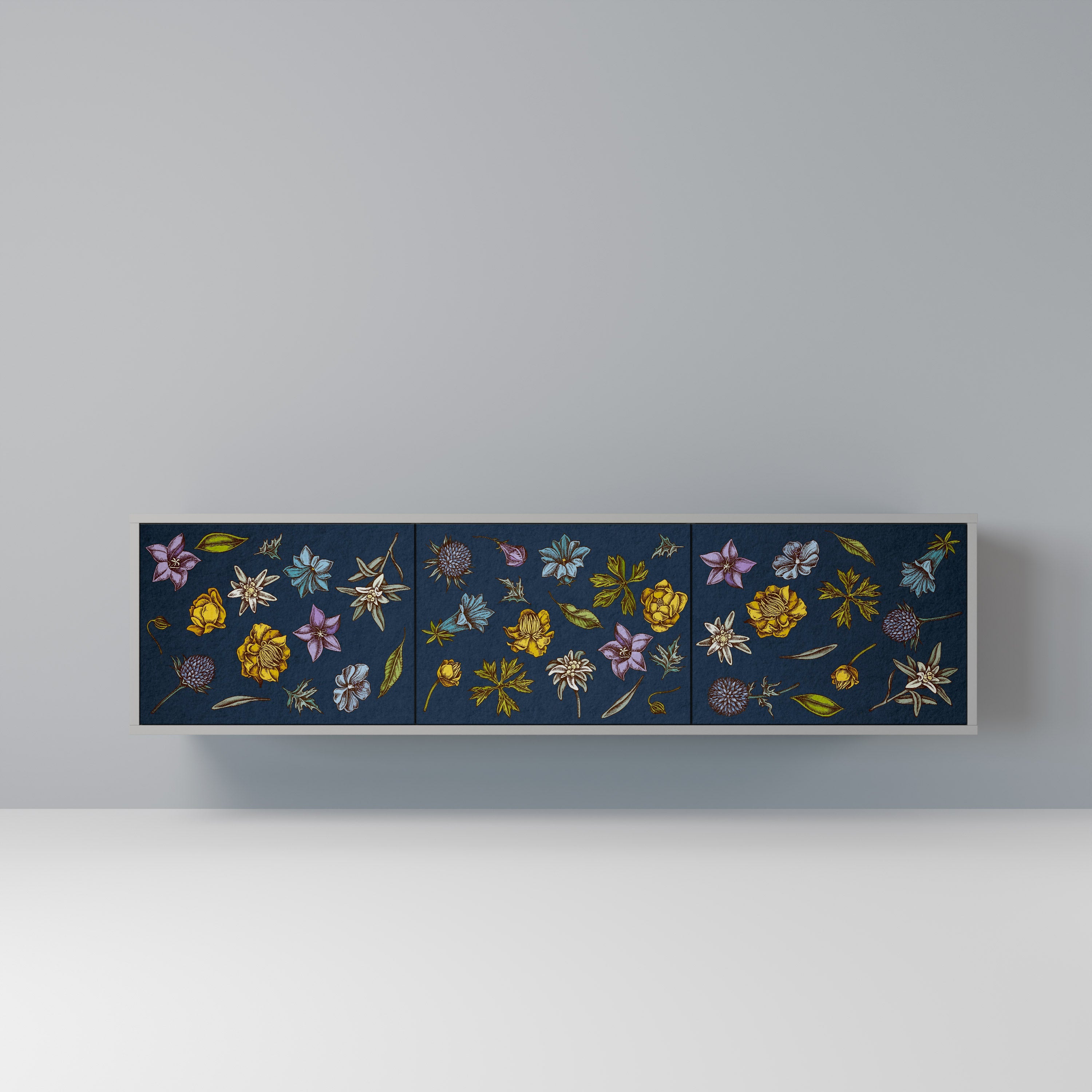 FLOWERS ON NAVY BLUE Móvel de TV com 3 Portas em Acabamento Cinzento