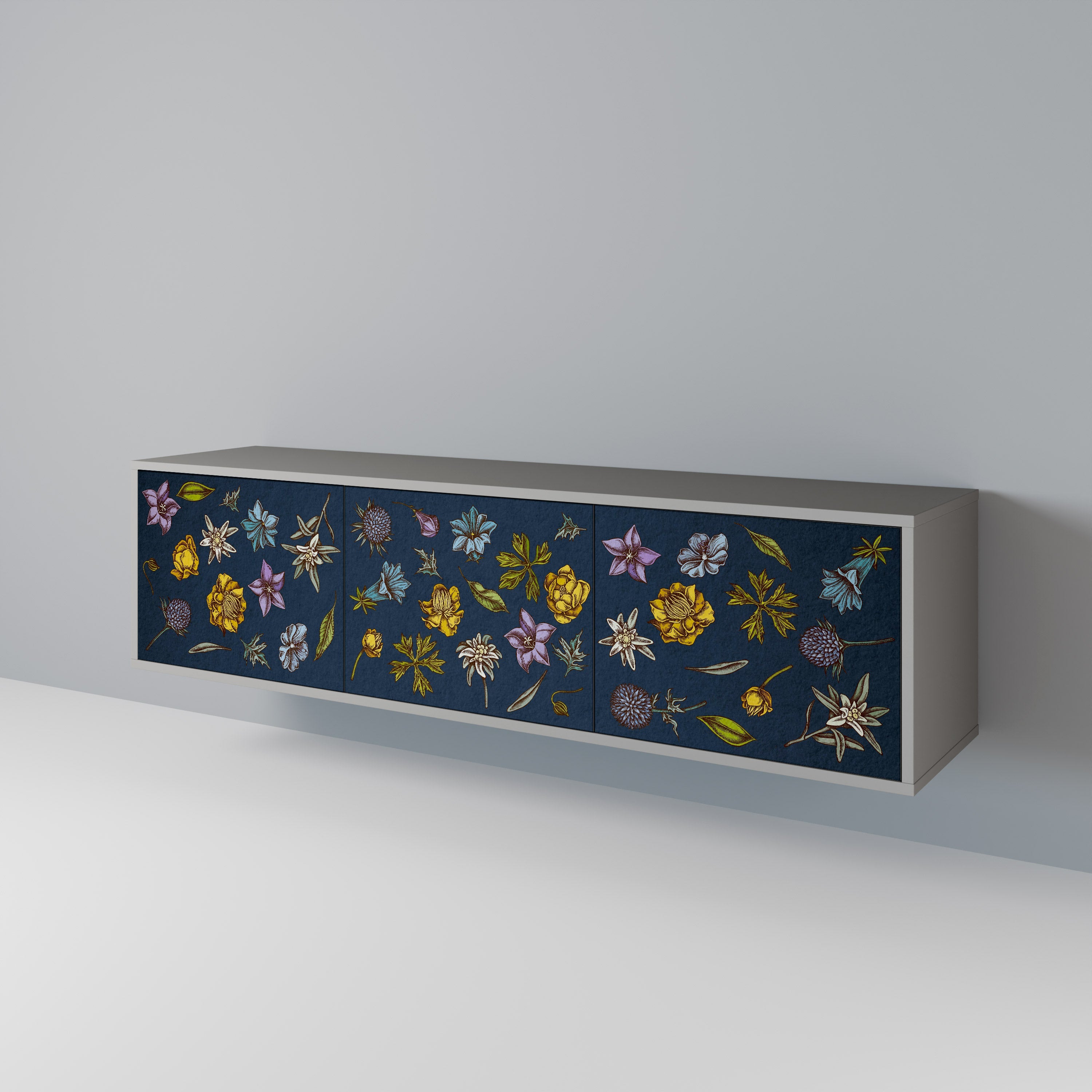 FLOWERS ON NAVY BLUE Móvel de TV com 3 Portas em Acabamento Cinzento