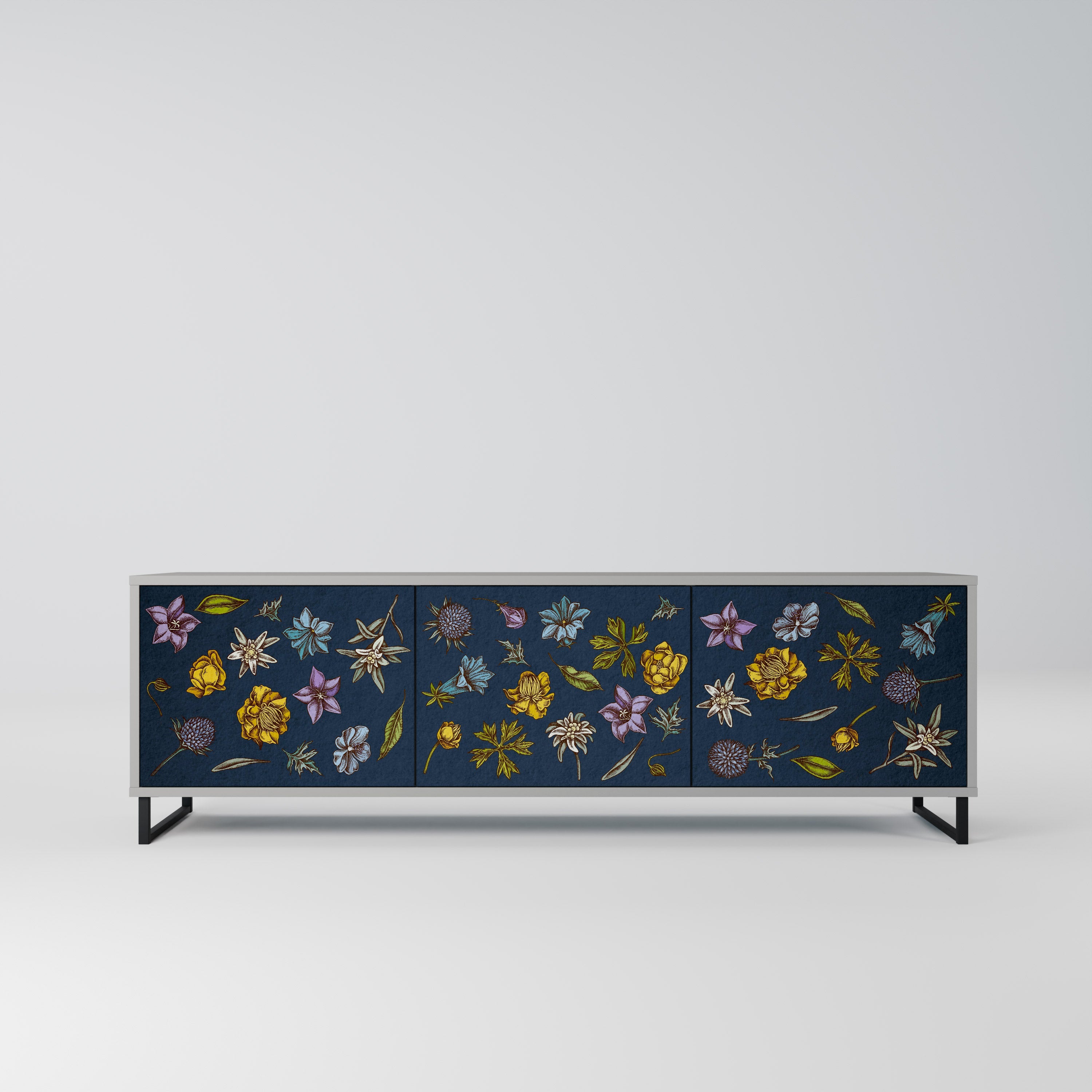 FLOWERS ON NAVY BLUE Móvel de TV com 3 Portas em Acabamento Cinzento