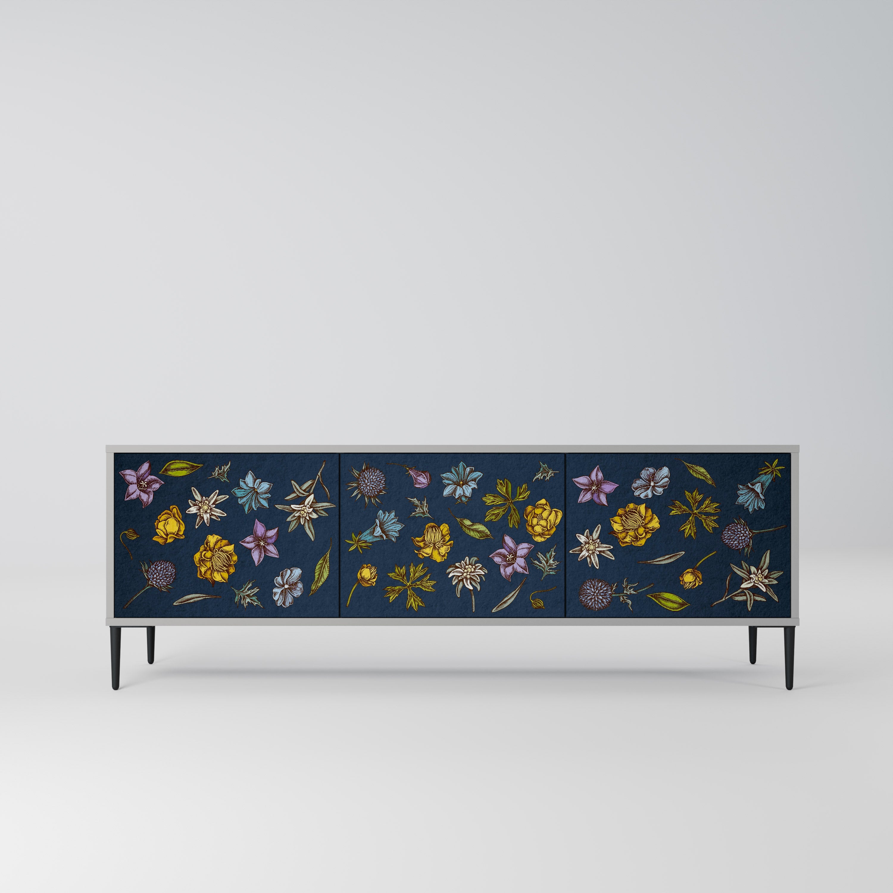 FLOWERS ON NAVY BLUE Móvel de TV com 3 Portas em Acabamento Cinzento