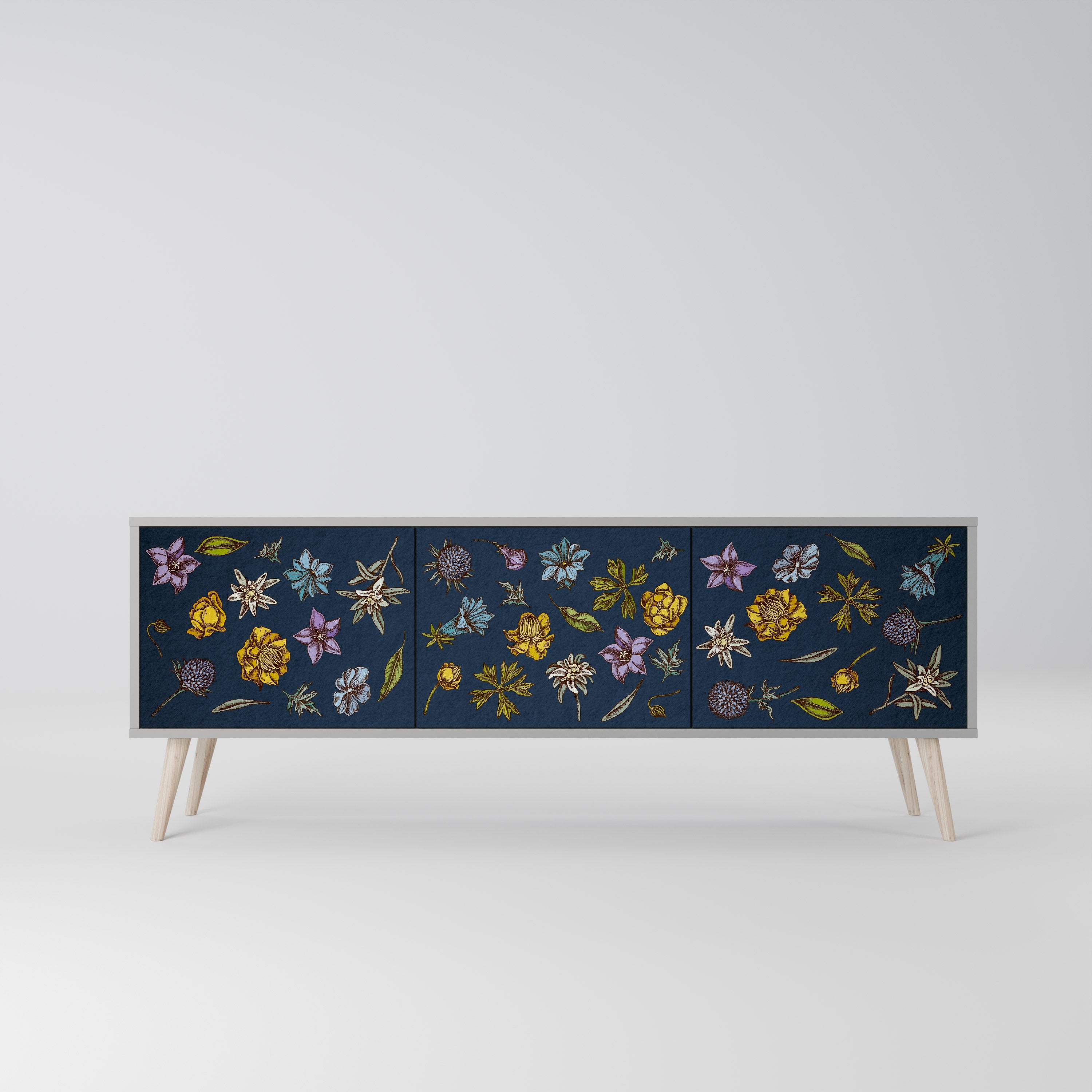 FLOWERS ON NAVY BLUE Móvel de TV com 3 Portas em Acabamento Cinzento