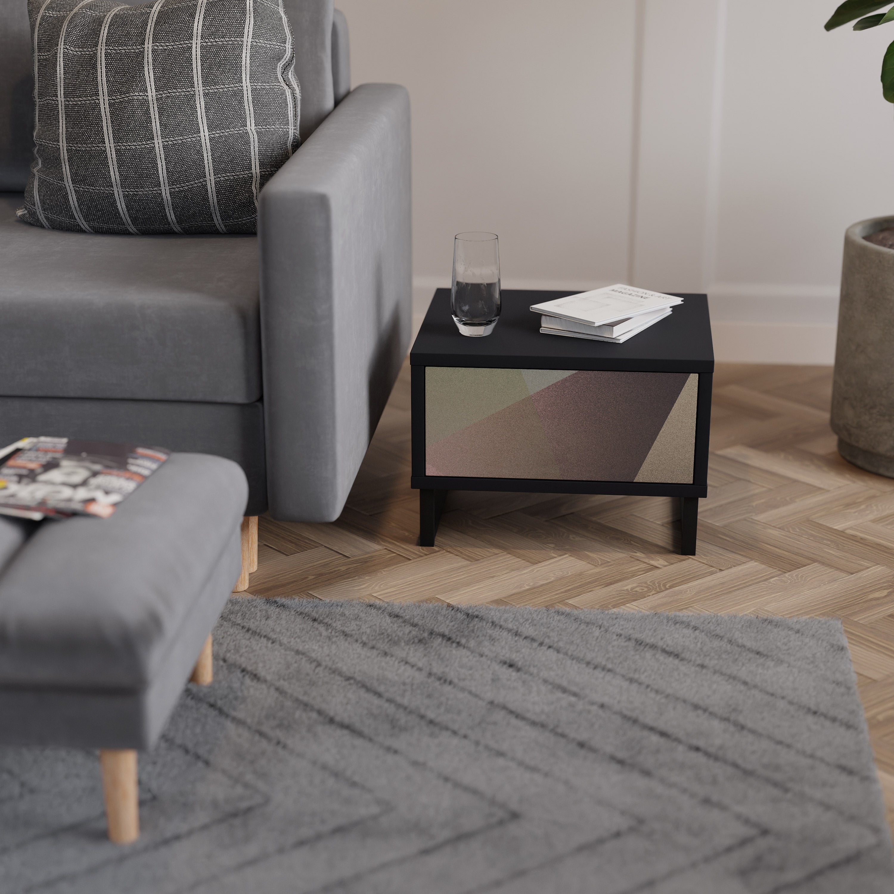 BEIGE GEOMETRY Mesa de Cabeceira em Acabamento Preto