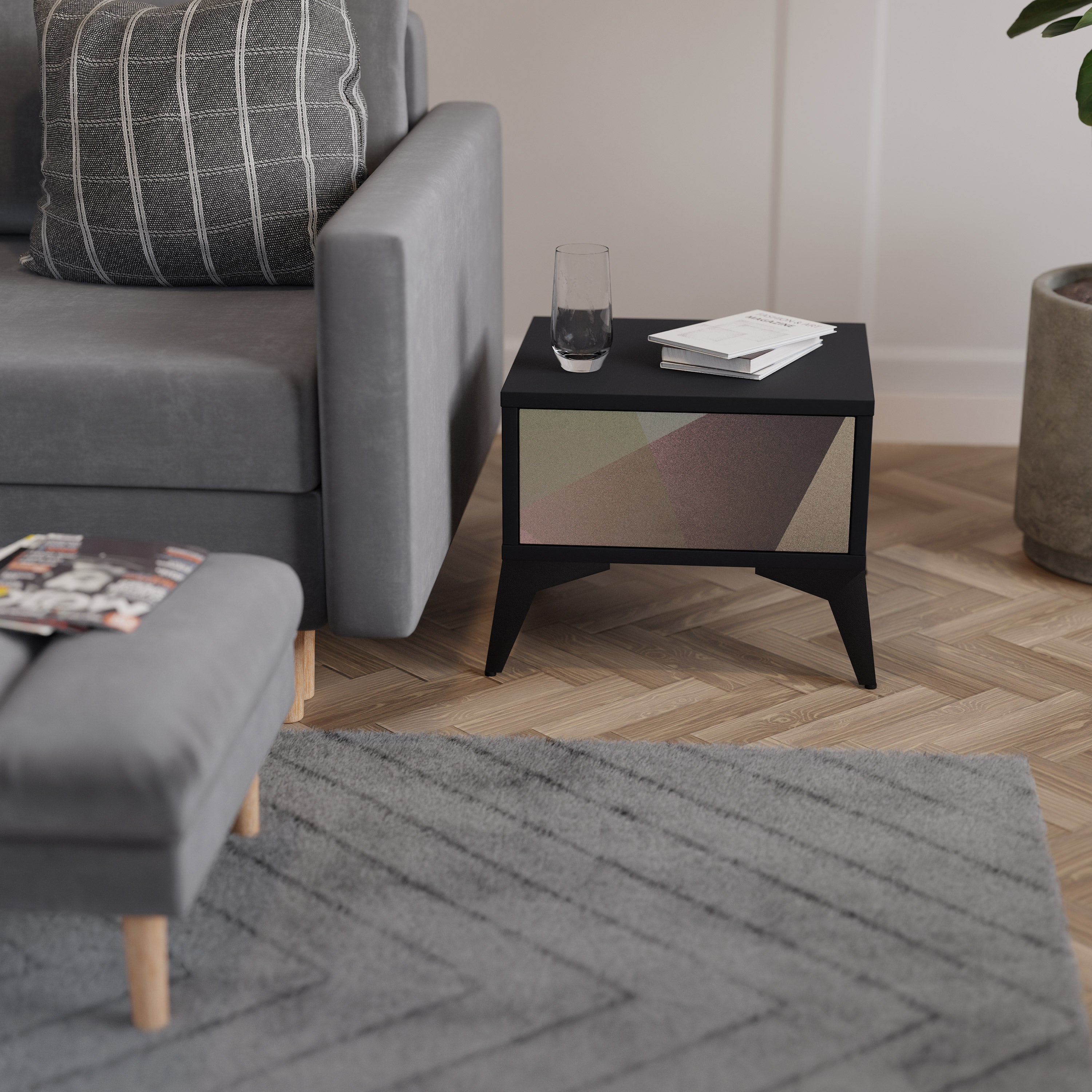 BEIGE GEOMETRY Mesa de Cabeceira em Acabamento Preto