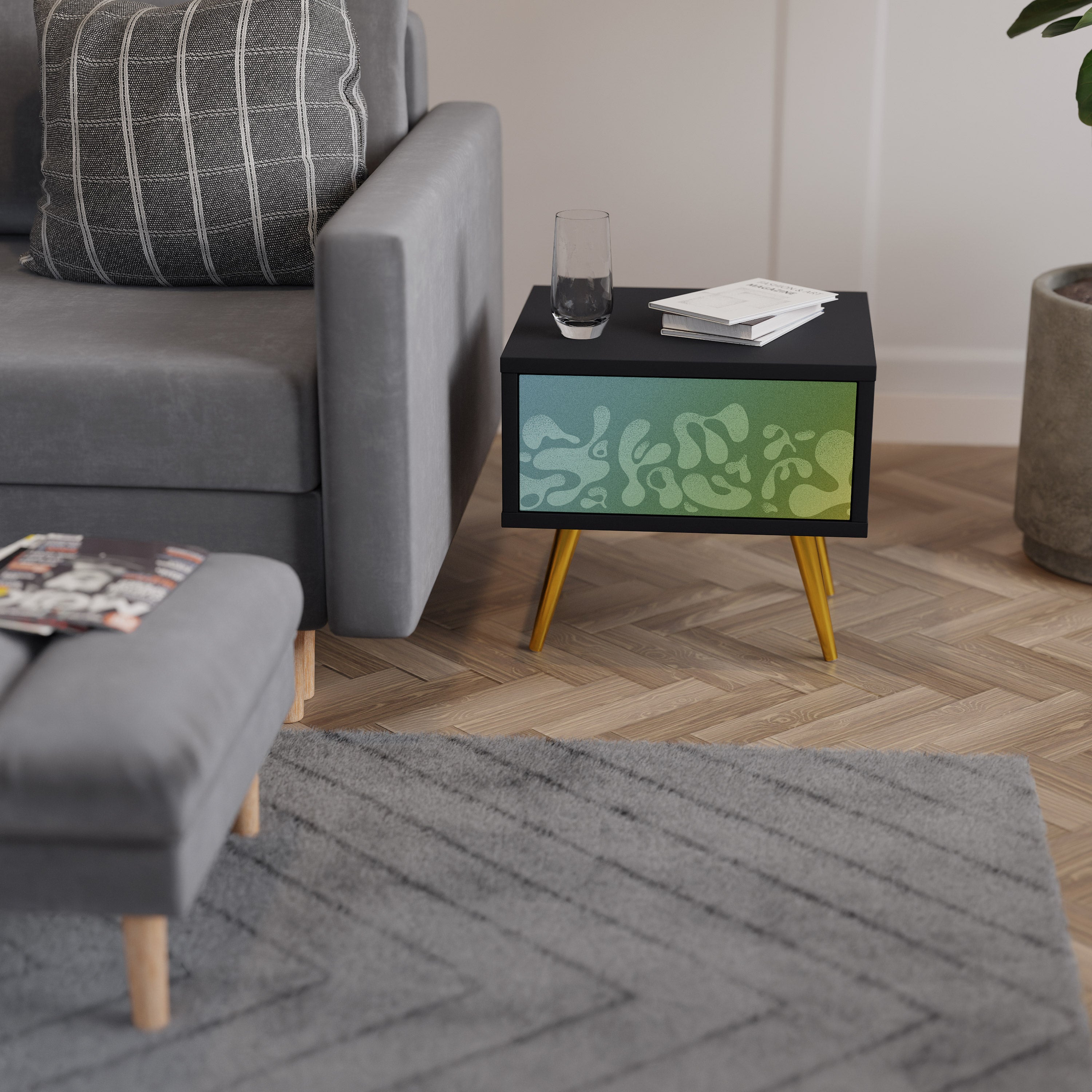 IRREGULAR BLUE Mesa de Cabeceira em Acabamento Preto