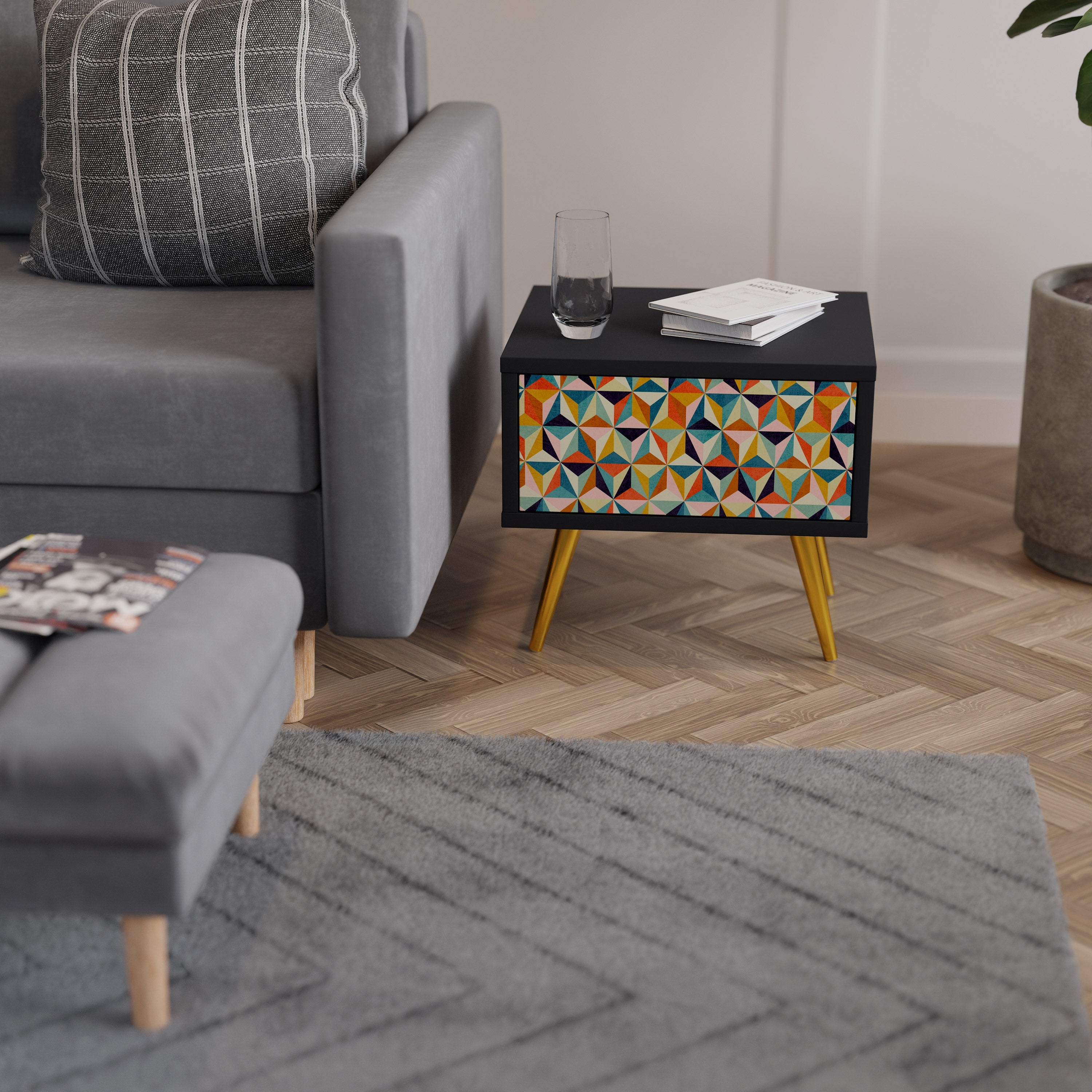 TESSELATE TREASURES Mesa de Cabeceira em Acabamento Preto