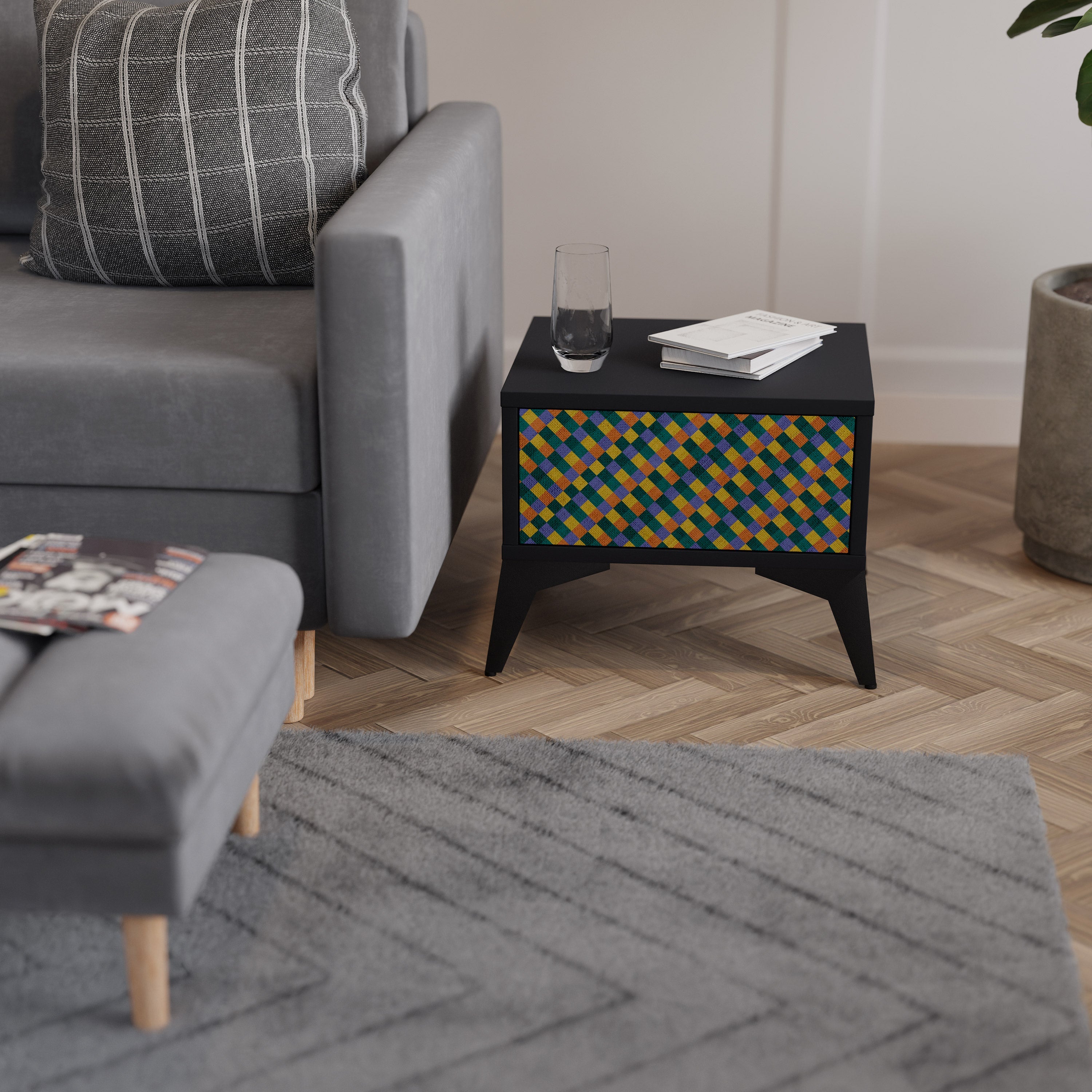 PAINTED SQUARES MIX Mesa de Cabeceira em Acabamento Preto