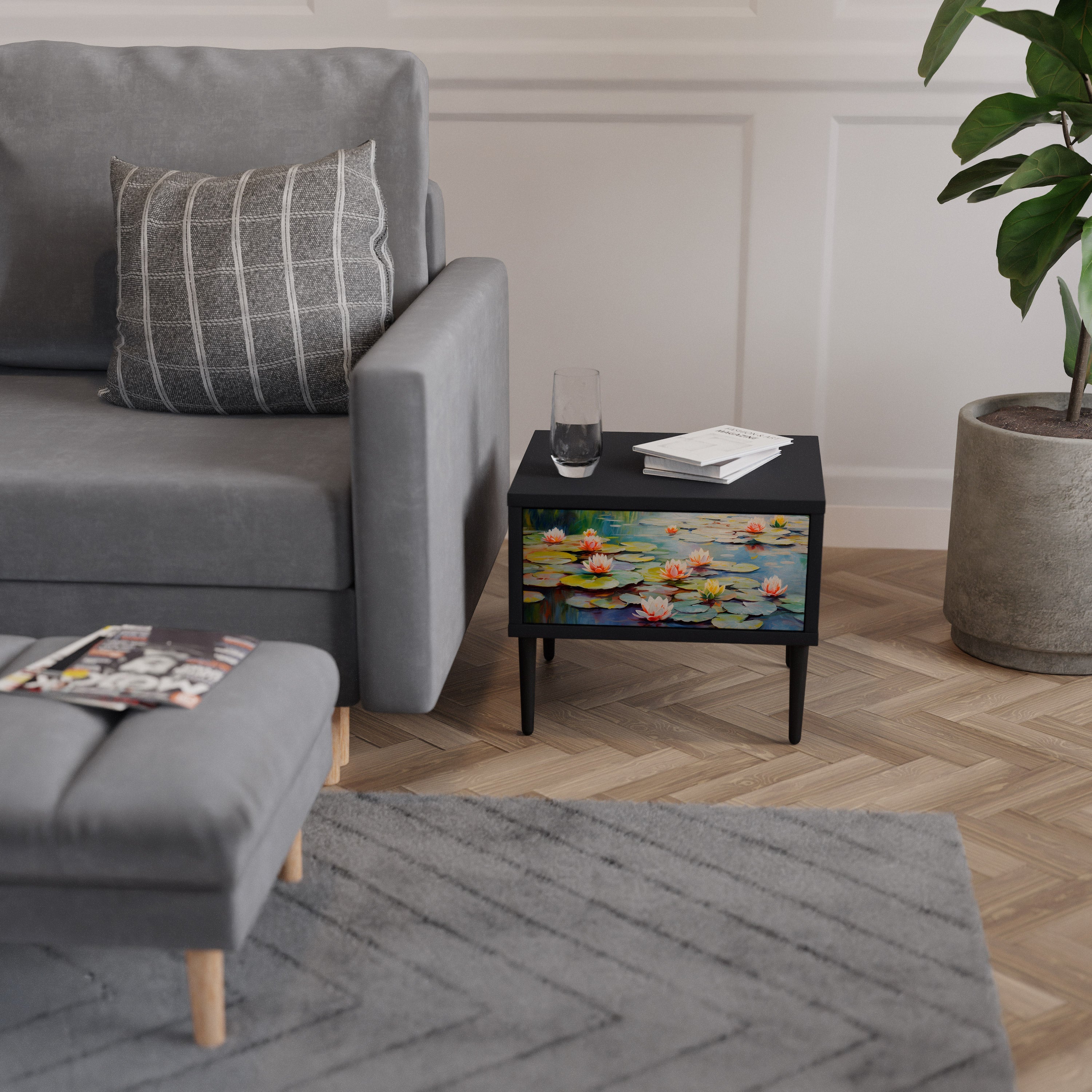 BLOOMING WATERS Nightstand in Black Finish