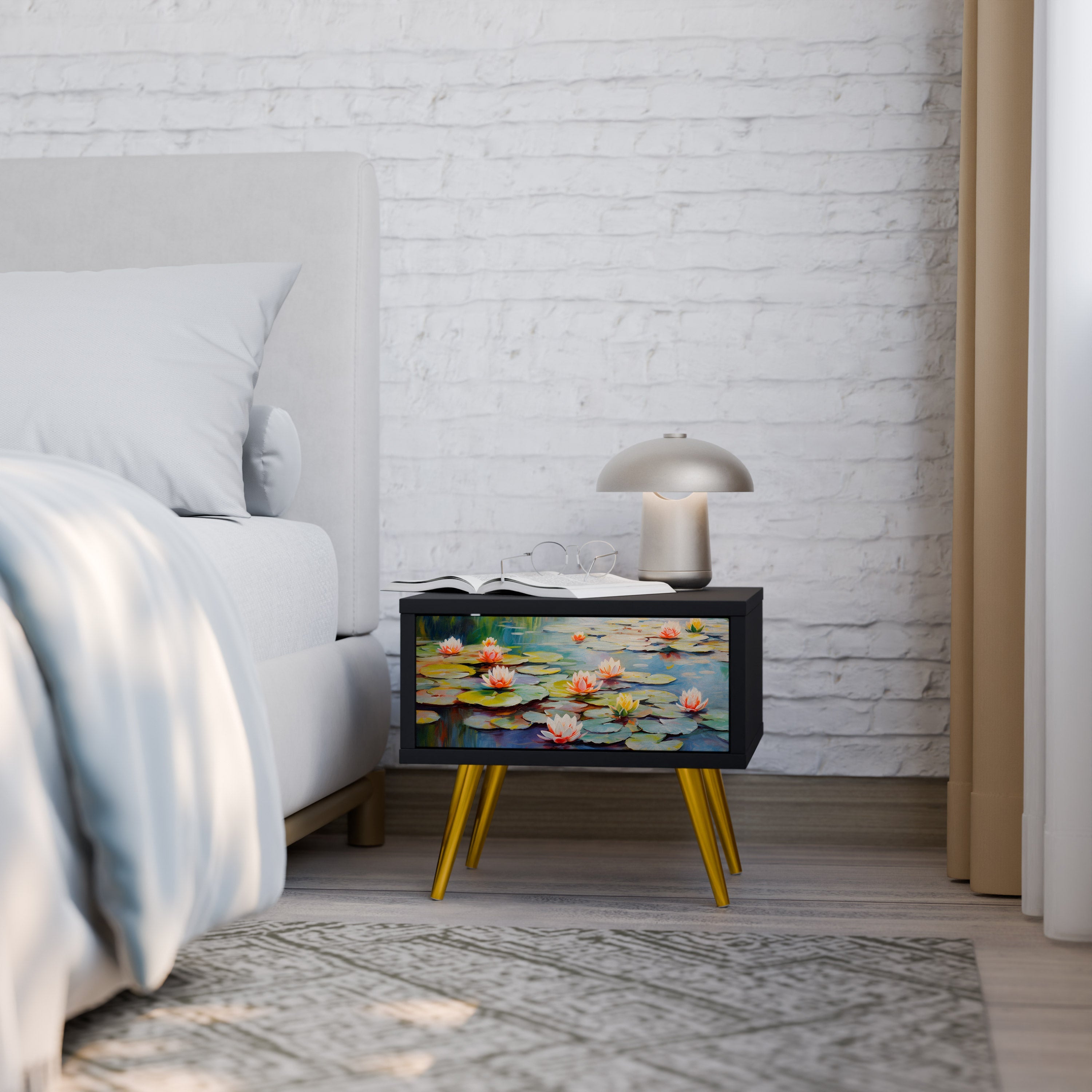 BLOOMING WATERS Nightstand in Black Finish