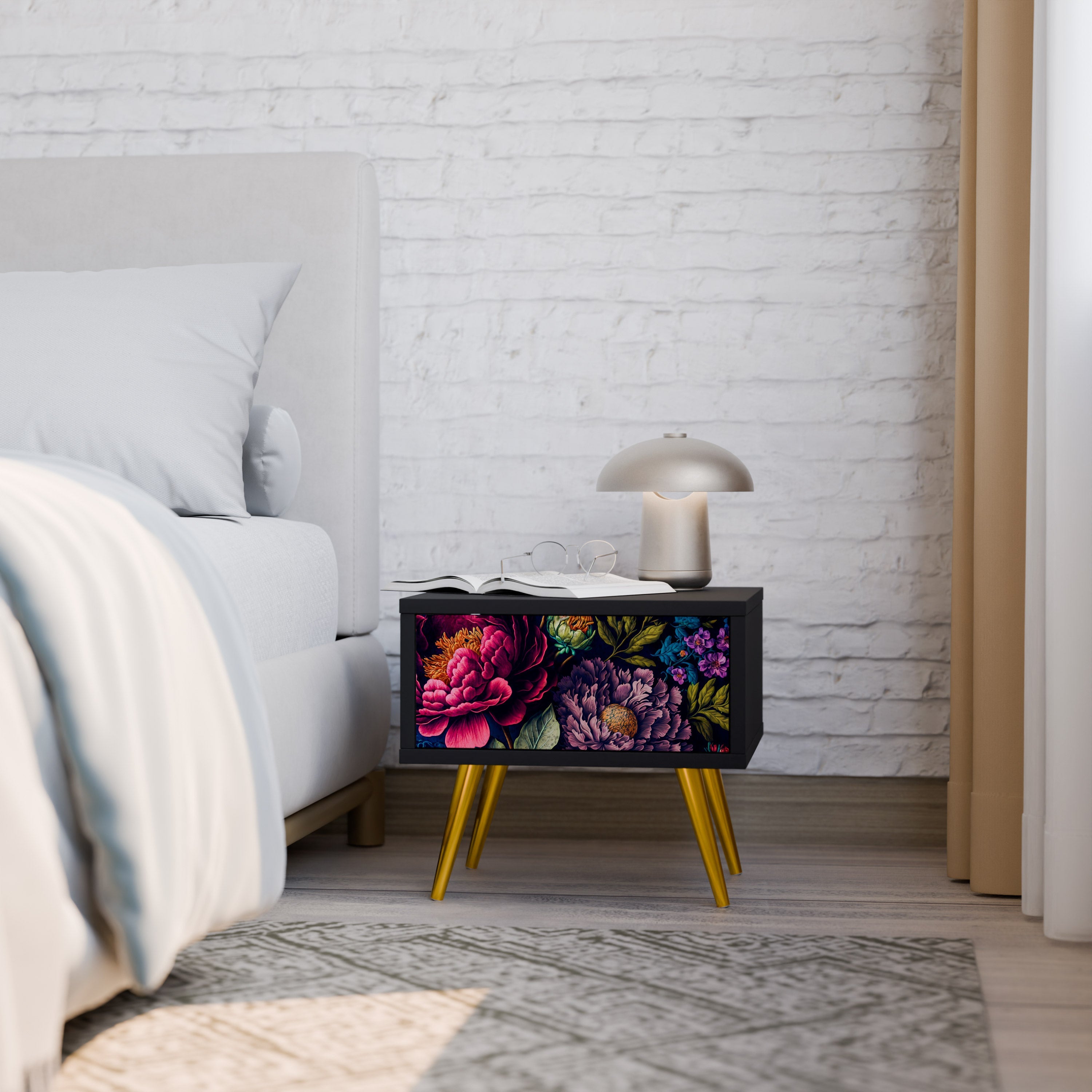 BLOOMING ELEGANCE Mesa de Cabeceira em Acabamento Preto