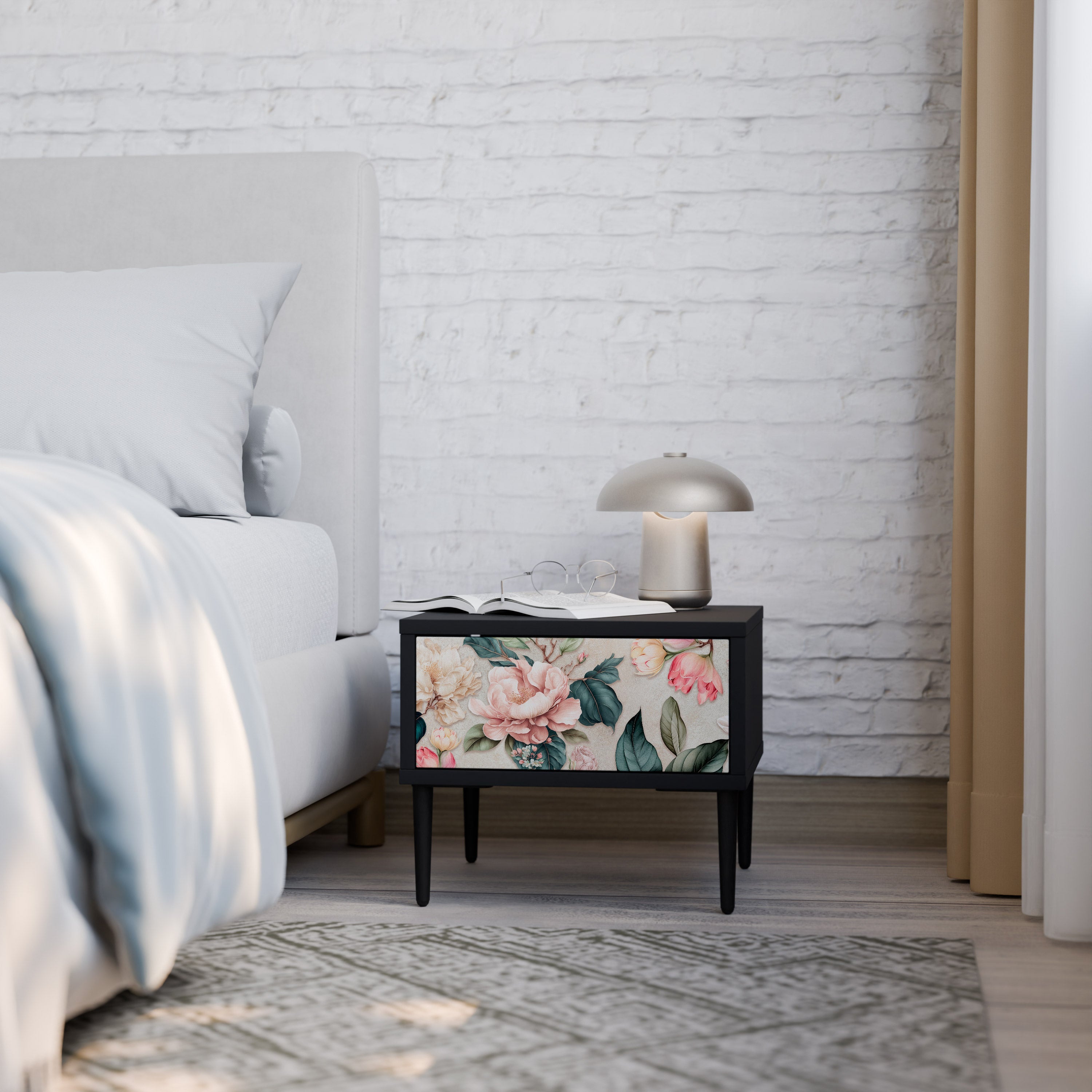 FLORAL GRACE Mesa de Cabeceira em Acabamento Preto