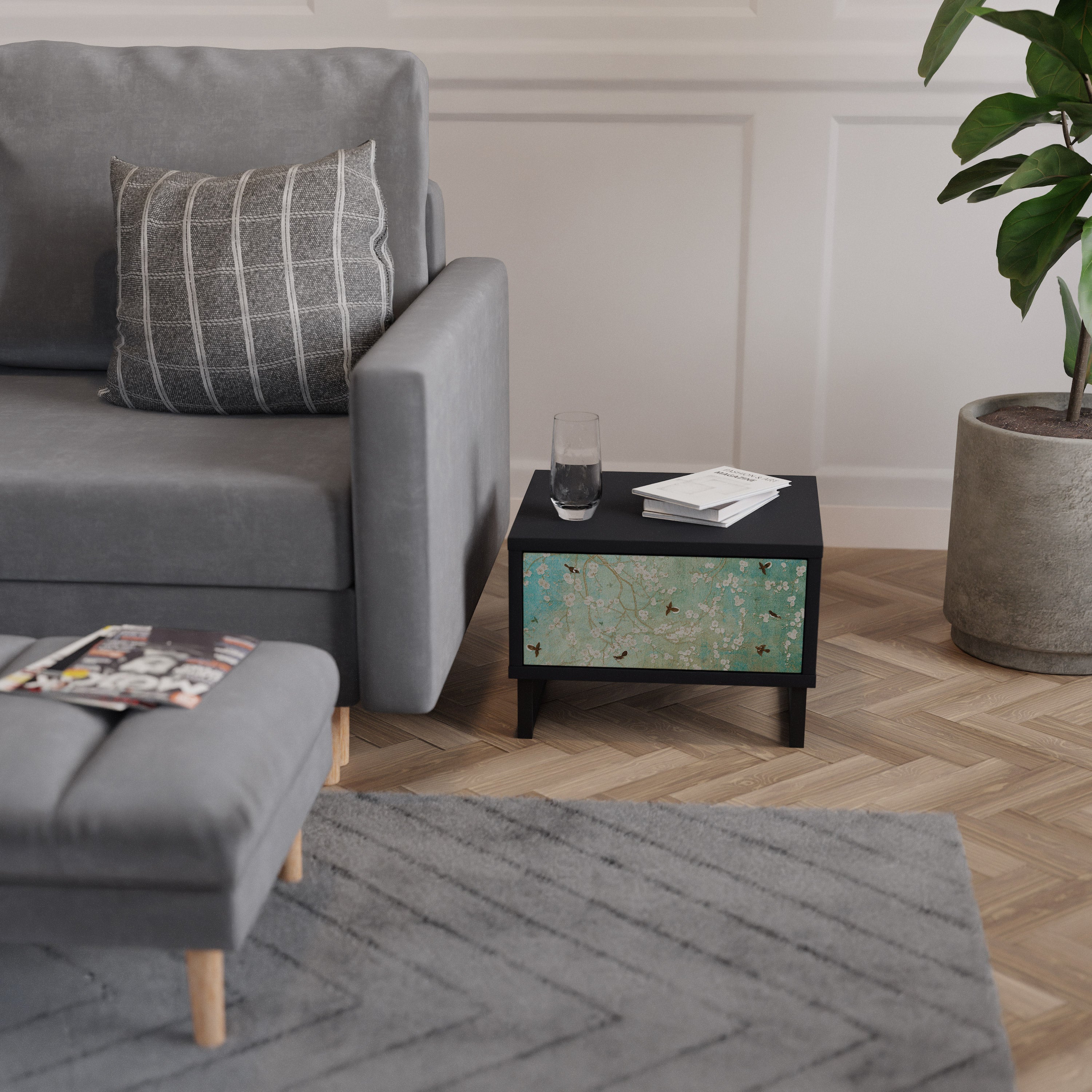 BLOOMING CHARM Nightstand in Black Finish