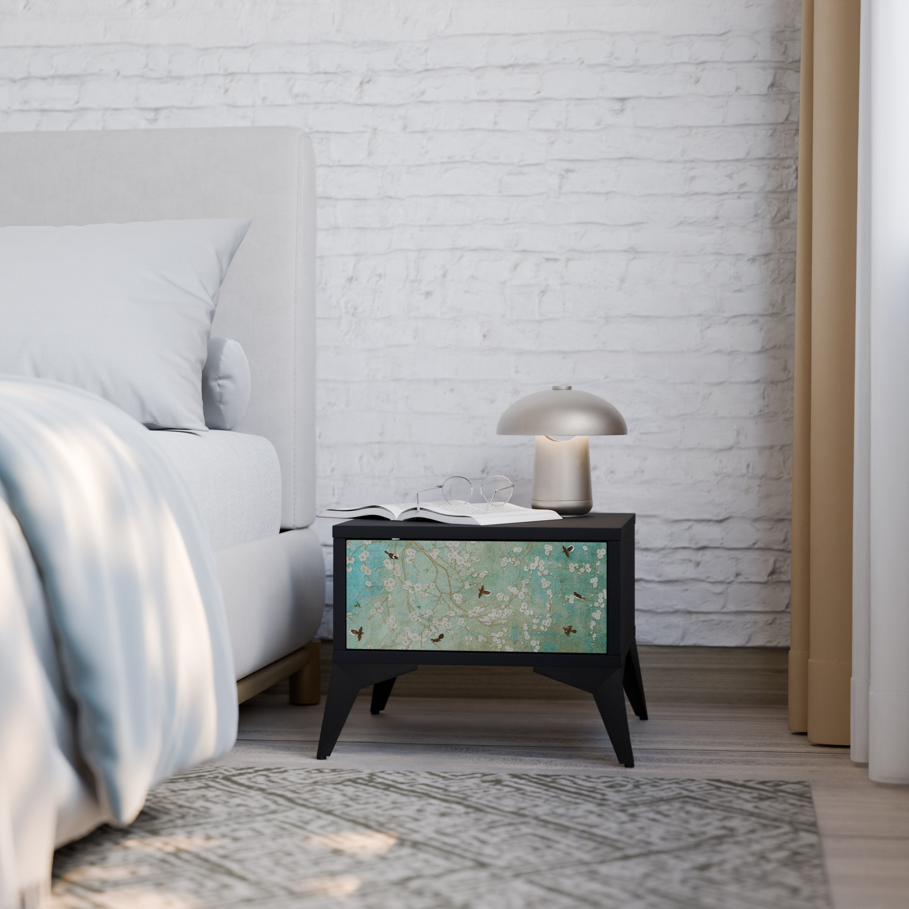 BLOOMING CHARM Nightstand in Black Finish