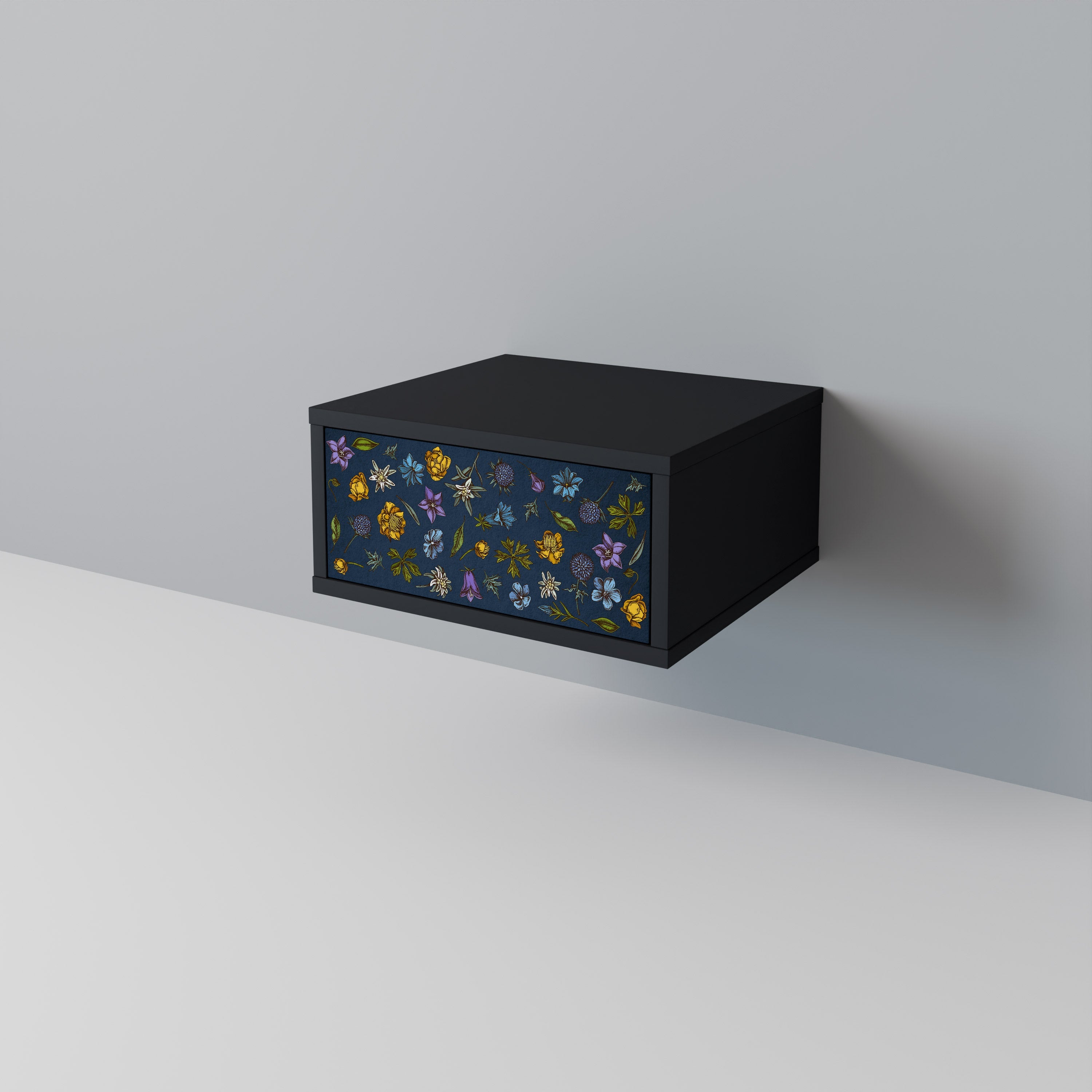 FLOWERS ON NAVY BLUE Mesa de Cabeceira em Acabamento Preto