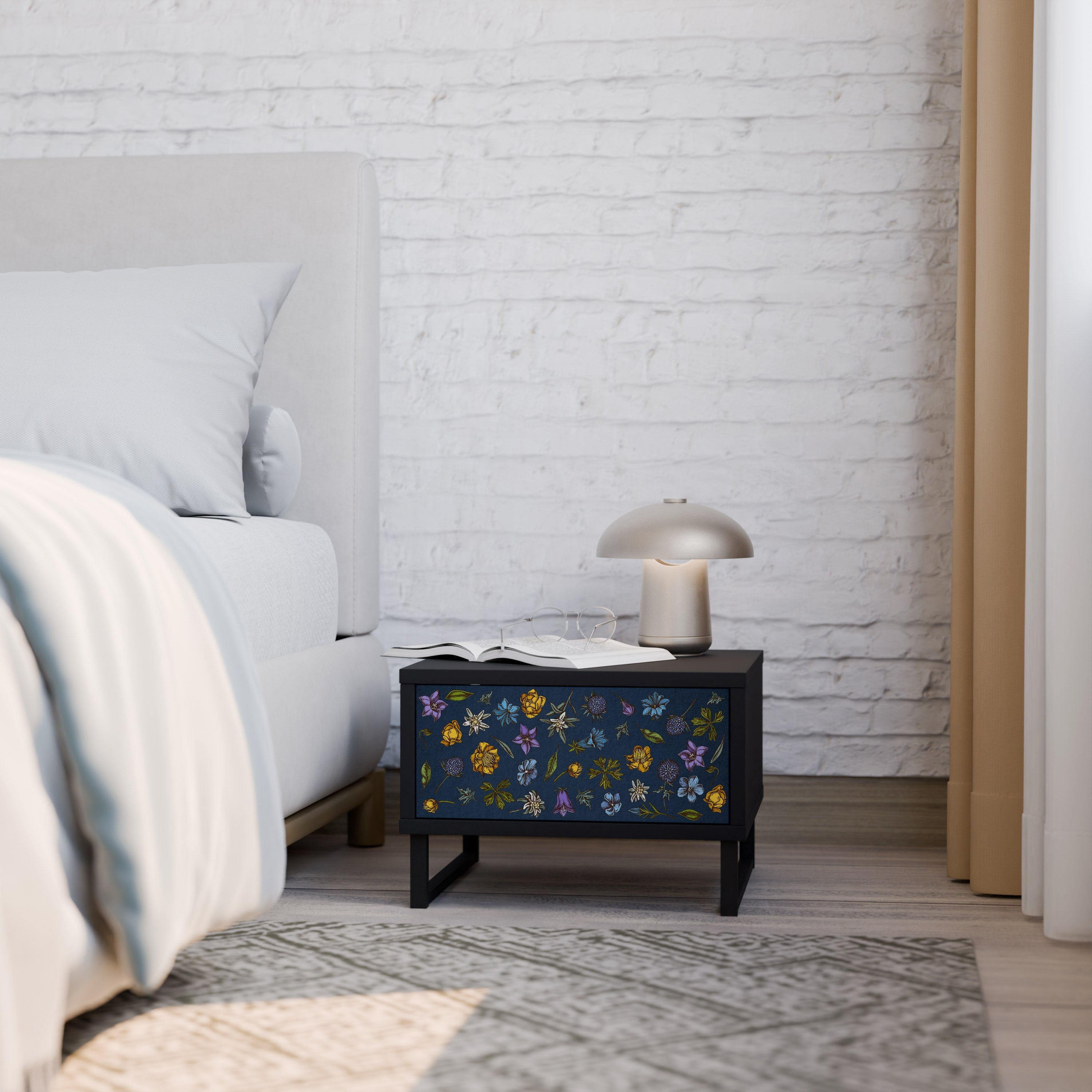 FLOWERS ON NAVY BLUE Mesa de Cabeceira em Acabamento Preto